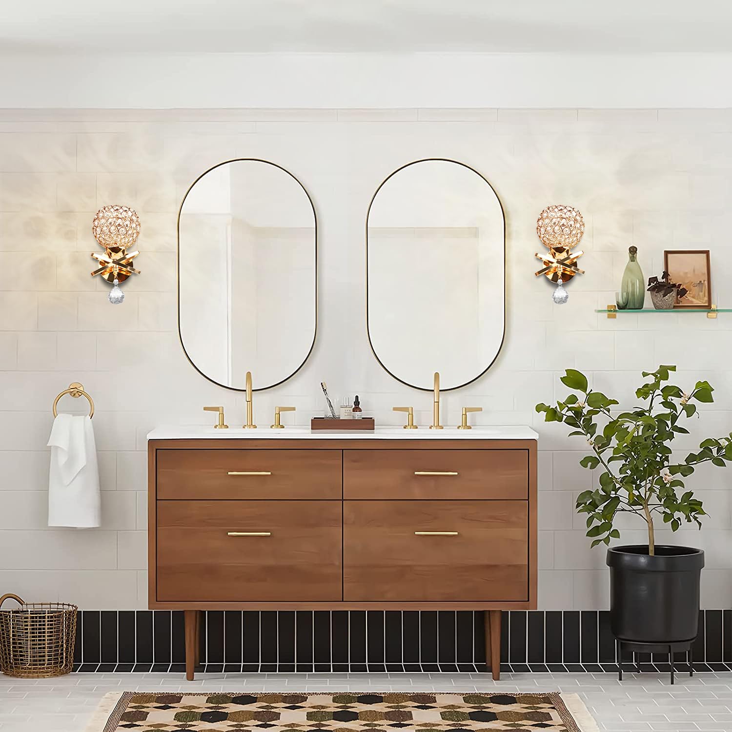 TISLYCO Gold Wall Sconces Set of Two, Modern Crystal Lighting, E26 Socket, Hardwired, Metal, Model HU-XI-201