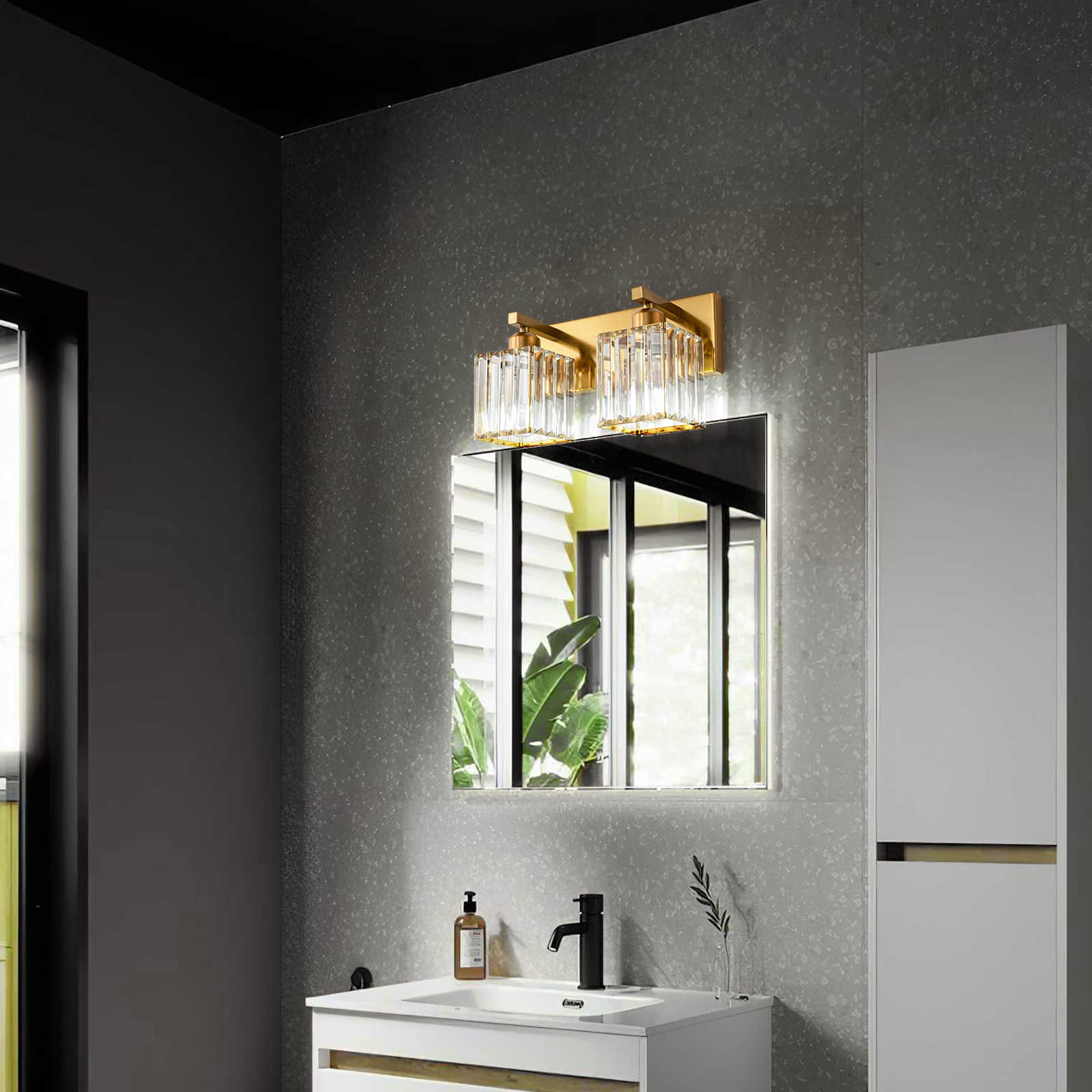 FDPBY 2-Light Wall Light - Modern Gold Brushed Brass Crystal for Bathroom Vanity, Model JW-002