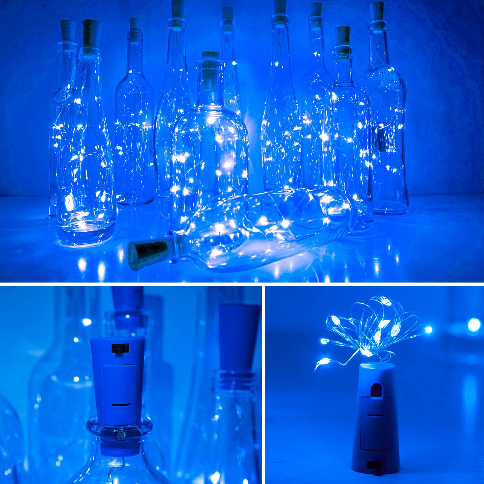 SmilingTown Wine Bottle Cork Lights 15 Pack 10 LED Mini String Lights 40 Inches Battery Operated Copper Wire Blue