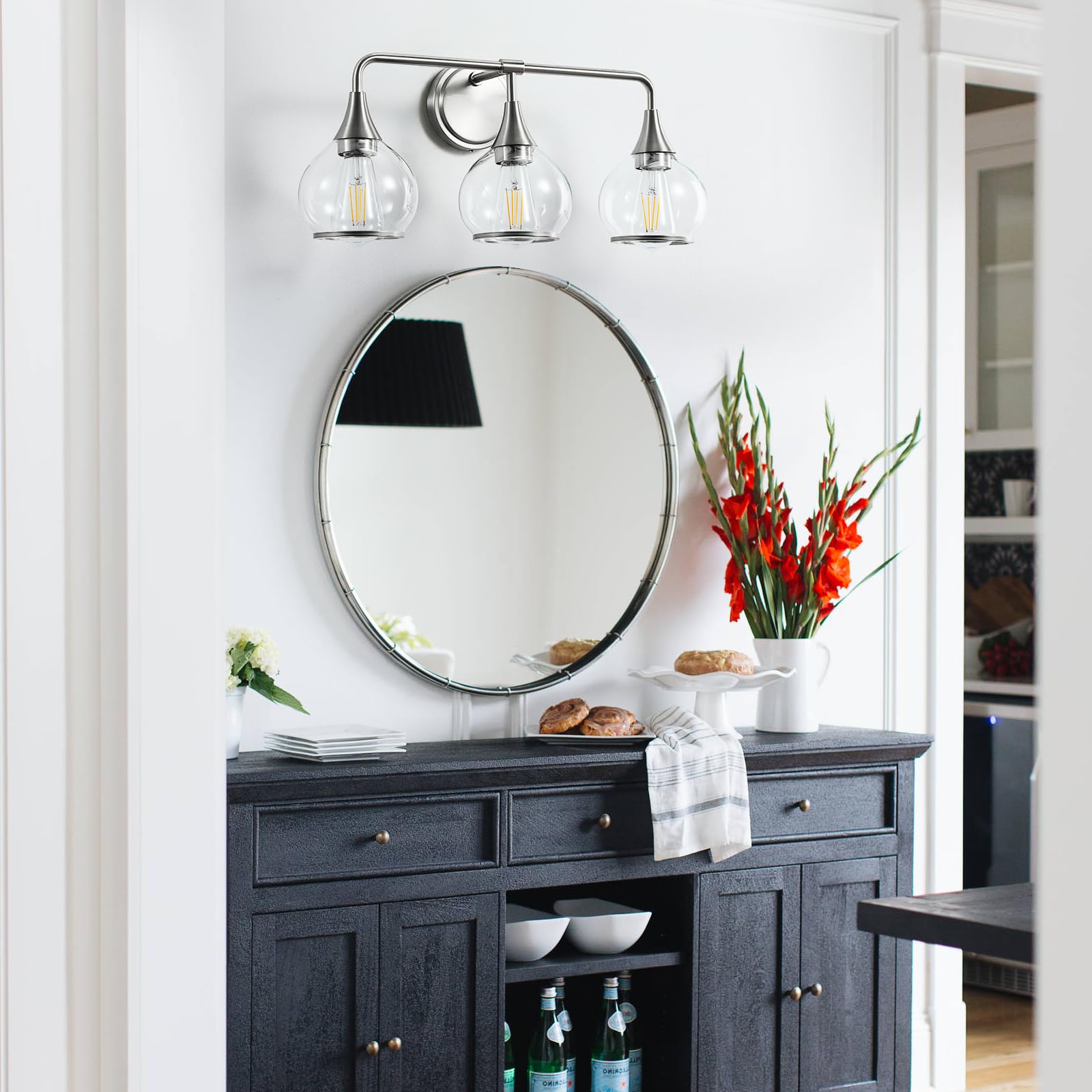 Hahzt Brushed Nickel Bathroom Vanity Light 3 Lights Bathroom Light Fixtures Over Mirror With Clear Glass Shade 22.4 Inch Wall Sc