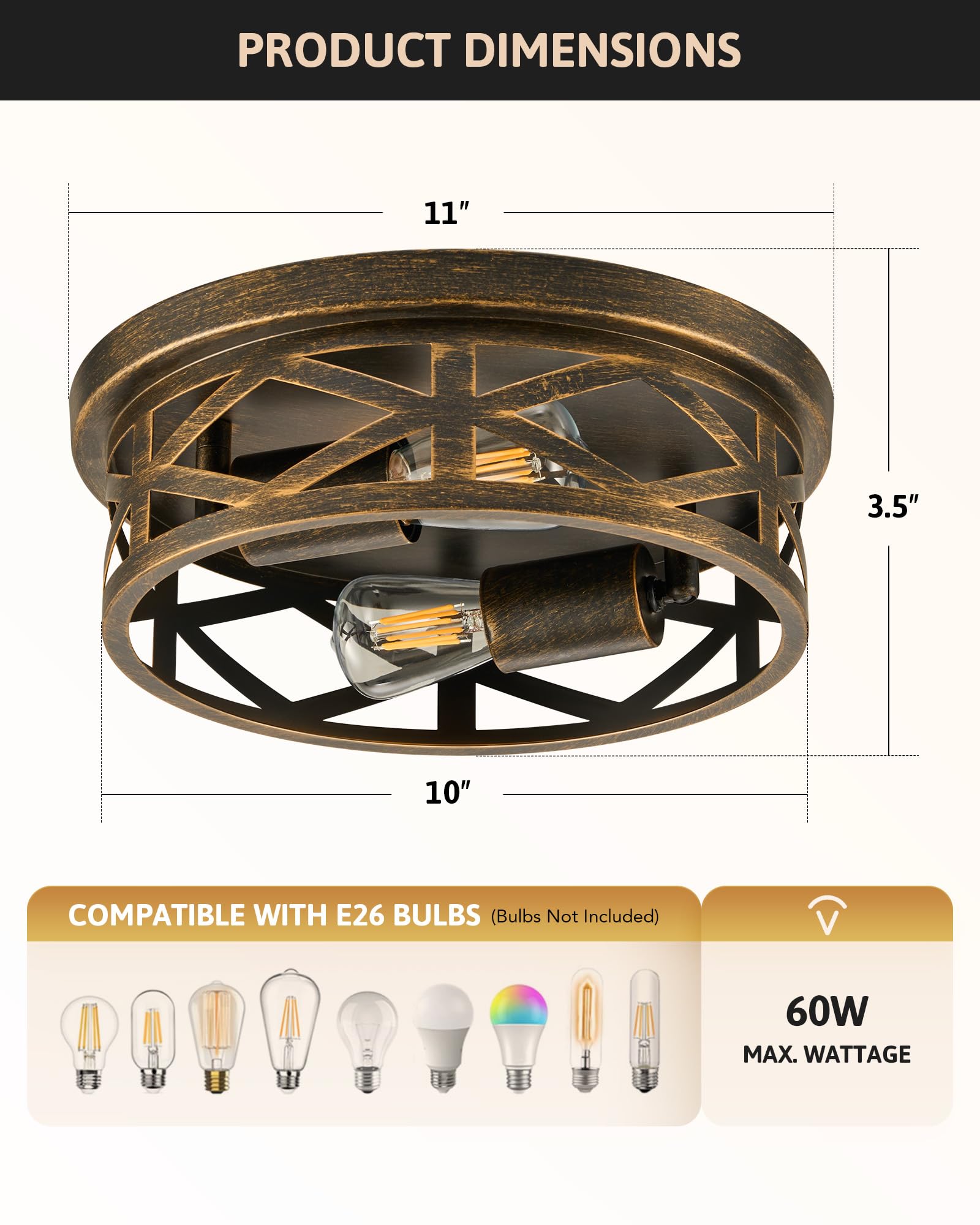 Vonluce Flush Mount Ceiling Lights, 2-Light Hallway Ceiling Lighting Fixtures, 11 Inch Farmhouse Metal Cage Ceiling Lights For E