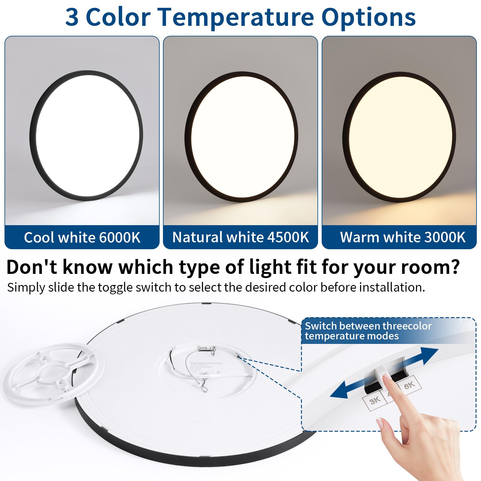 Glowall Modern 12'' Led Ceiling Light Fixture, Ultra Thin Flush Mount, Dimmable & 3000K/4500K/6000K Selectable, 22W 2200Lm, Blac