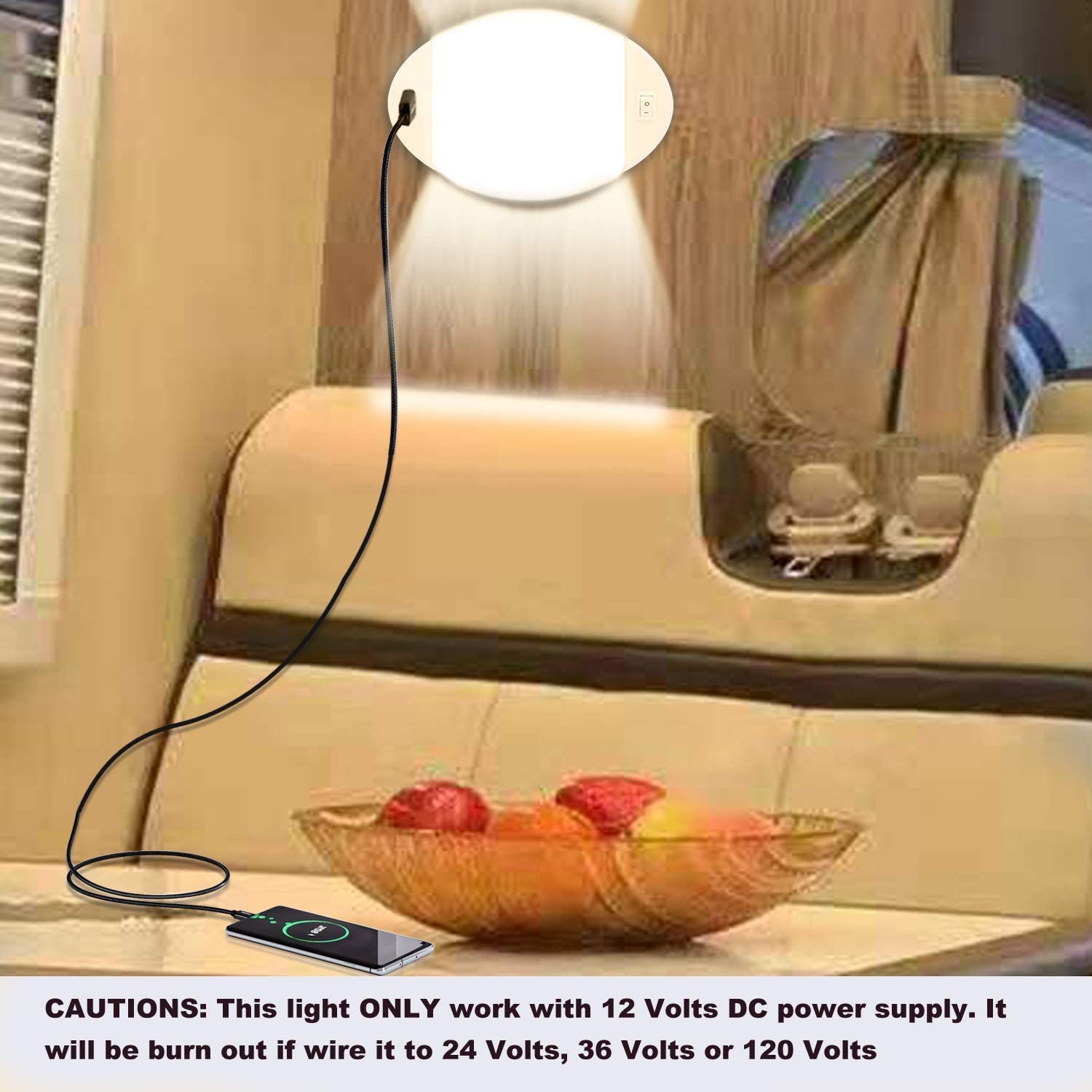 Facon 12V RV Interior LED Light Fixture with USB Charger, White, Model DLS01-608USB, with Switch for RV, Camper, Boat, Tiny Homes