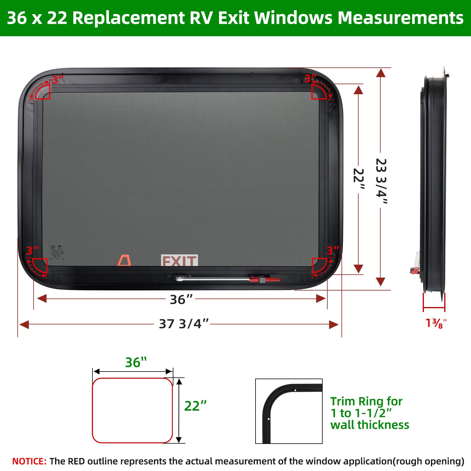NOVINO RV Exit Window, 36"W x 22"H, Tempered Glass, Black, Model NRW-009, DOT Approved, Emergency Replacement for Camper & Cargo Trailers