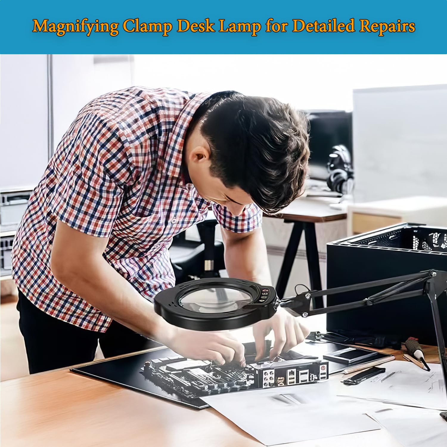 15X Magnifying Glass Desk Lamp With Metal Base, 5 Color Modes 10 Levels Adjustable Brightness, 360 Rotatable Flexible Aluminum A