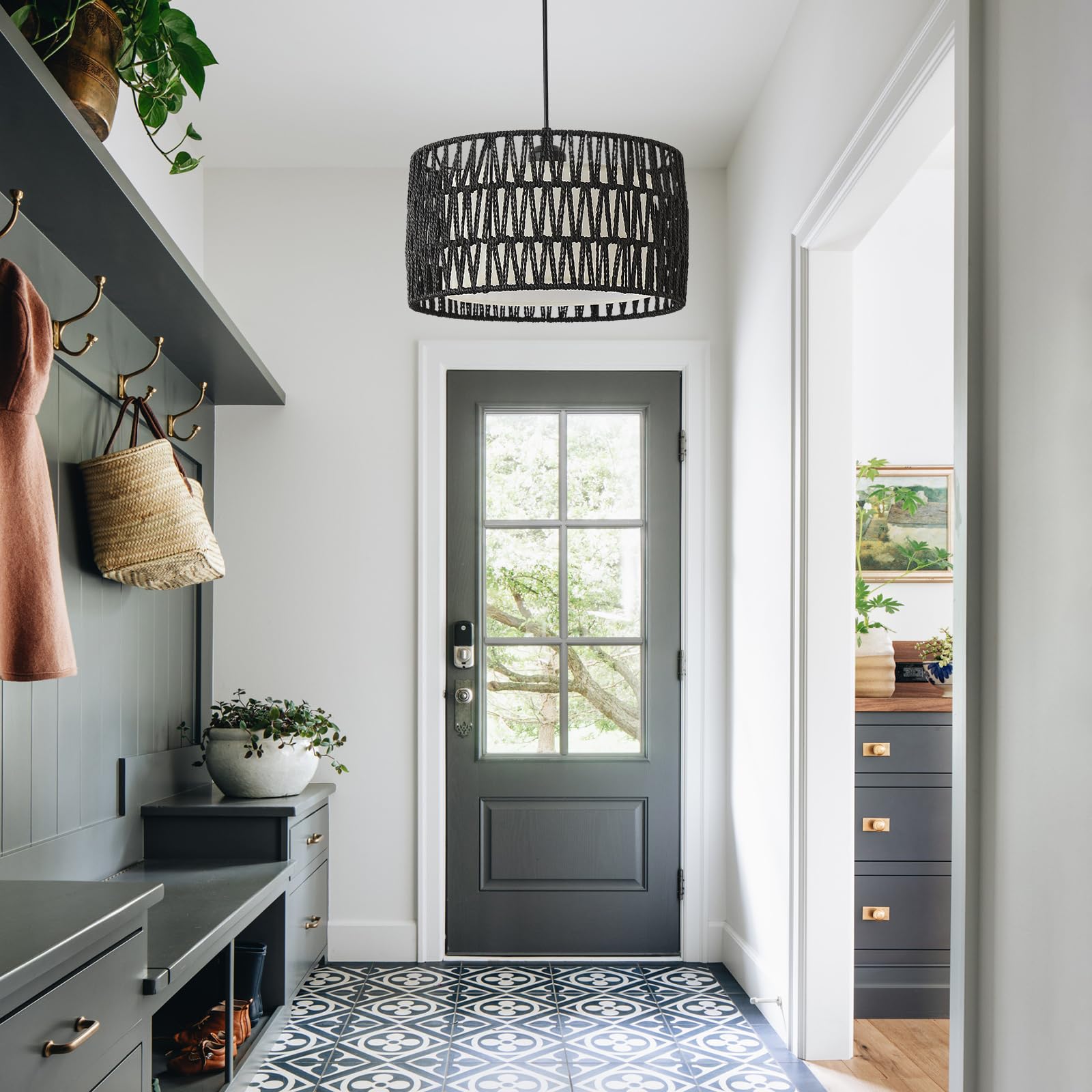 Jtyp Black Rattan Chandelier Light Fixture For Dining Room, 1-Light Farmhouse Pendant Light Hand Woven Chandeliers Boho Wicker P