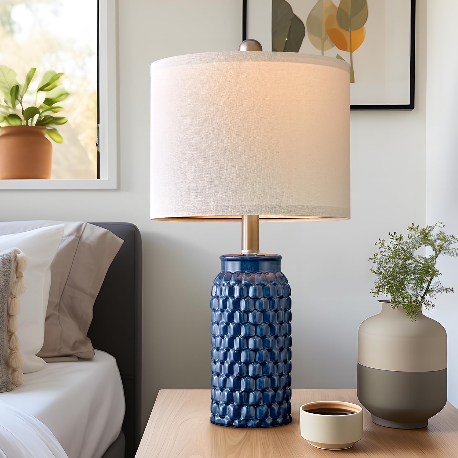 USumkky Ceramic Bedside Lamp Set of 2, 20.5" Dark Blue, Modern Farmhouse Decor, Model 1092