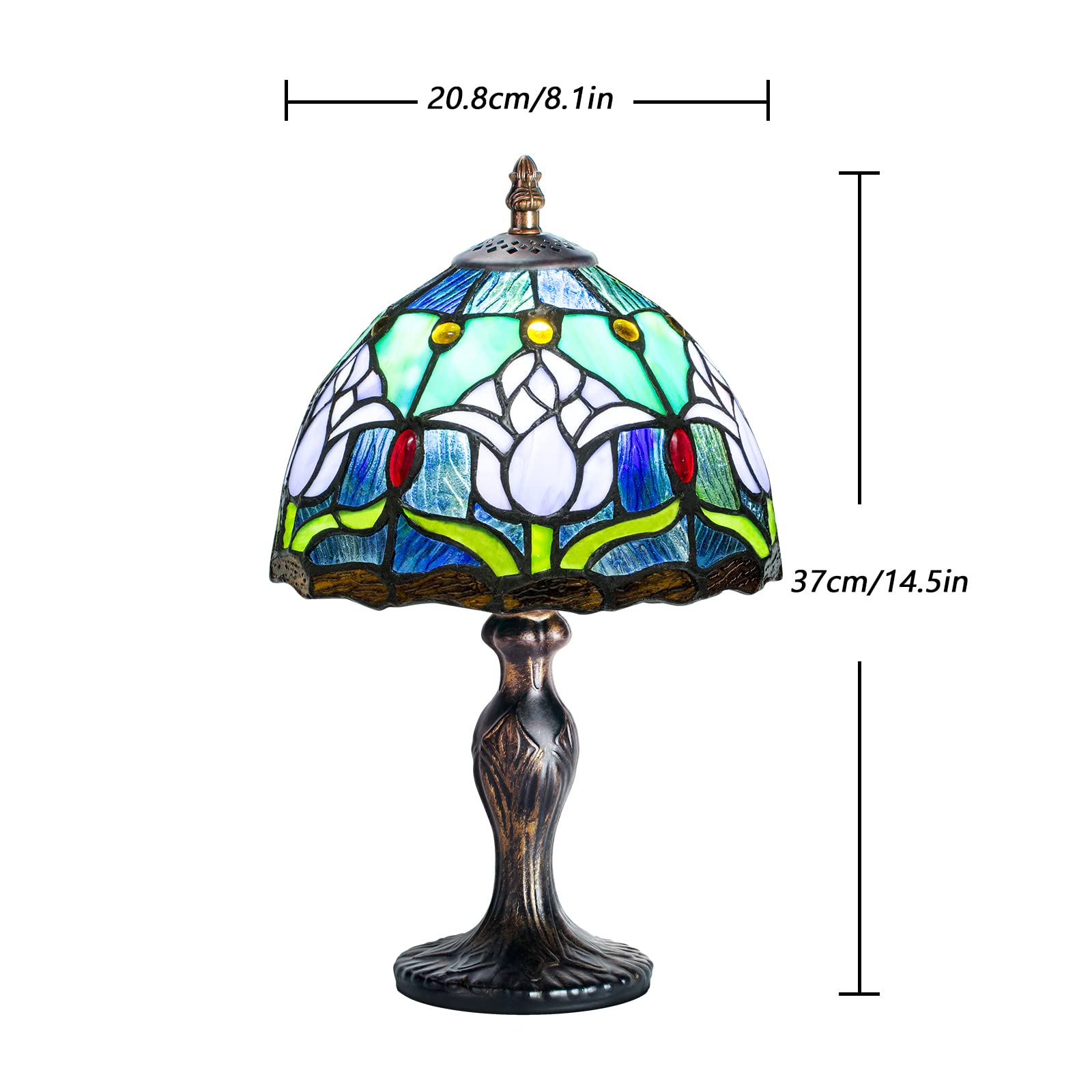 MIAOKE Tiffany Table Lamp, Stained Glass & Crystal Beads, Handmade Desk Light, Blue