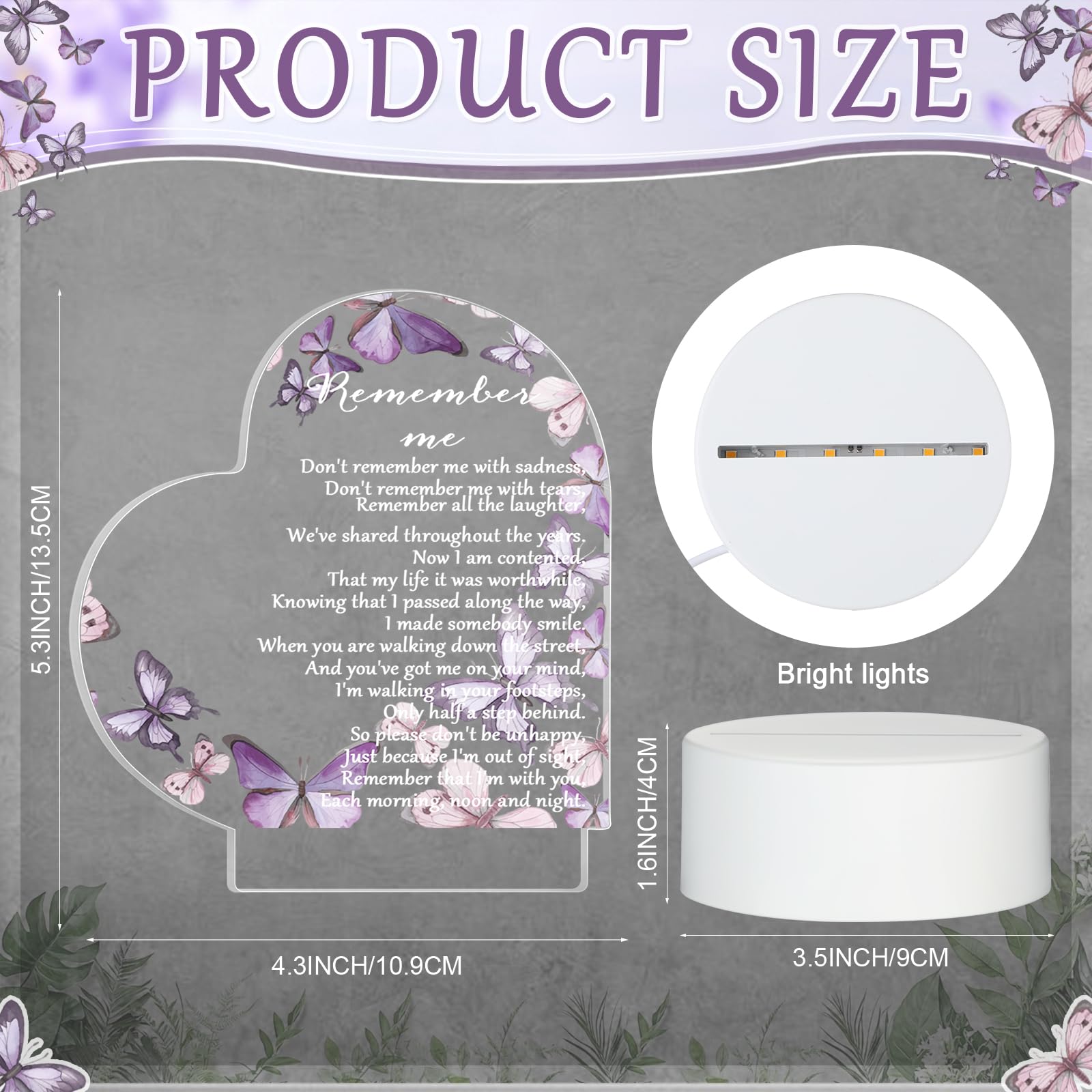 Coume Memorial Gift Night Light Clear Crystal Acrylic Heart Sympathy Gifts Sign Led Light Remembrance Bereavement Decor Condolence Present For Loss Of Loved One(Purple Butterfly Style)