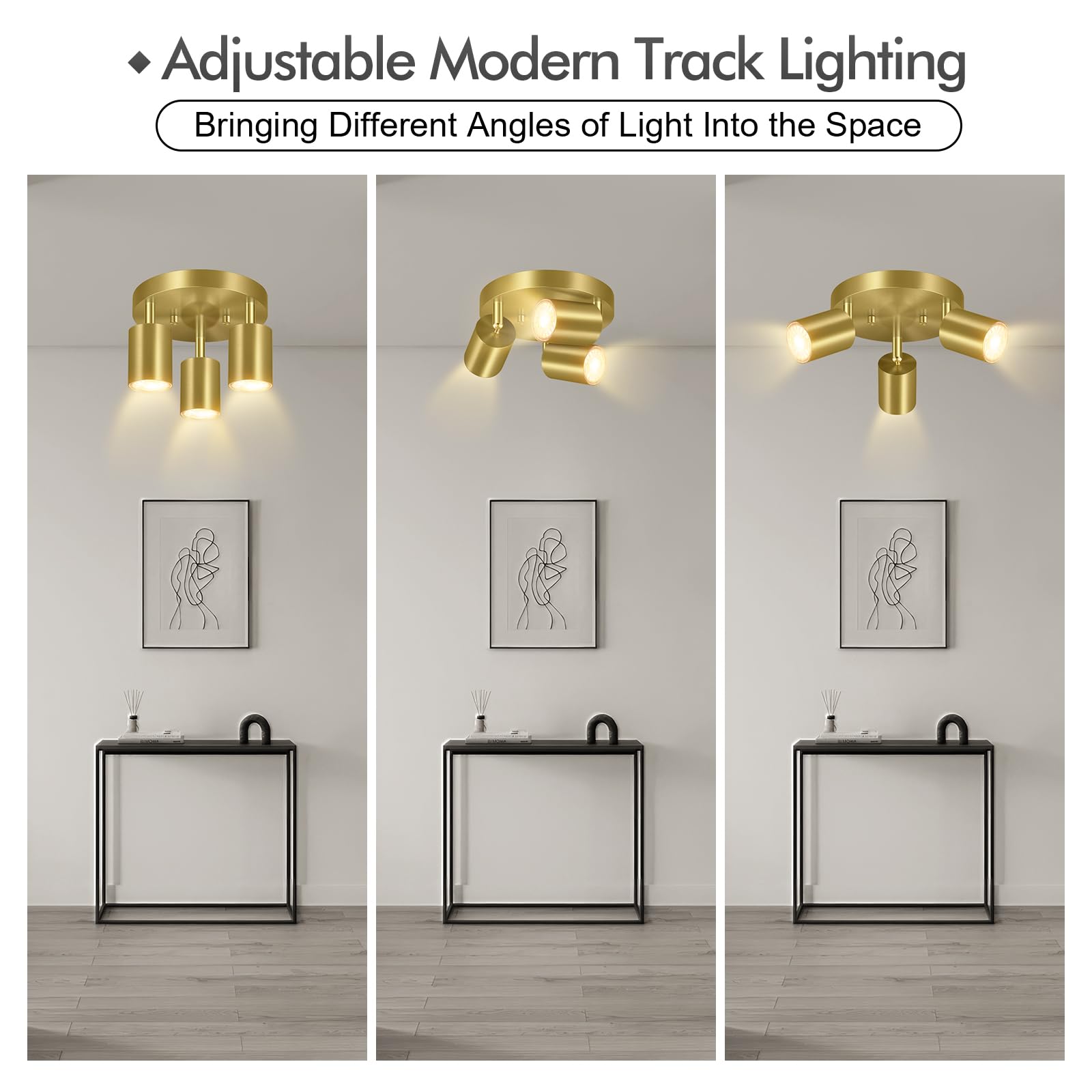 Bricosmocon 3-Light Gold Track Lighting Fixture, Adjustable Metal Ceiling Spotlight, Model FC0303 for Kitchen/Living Room