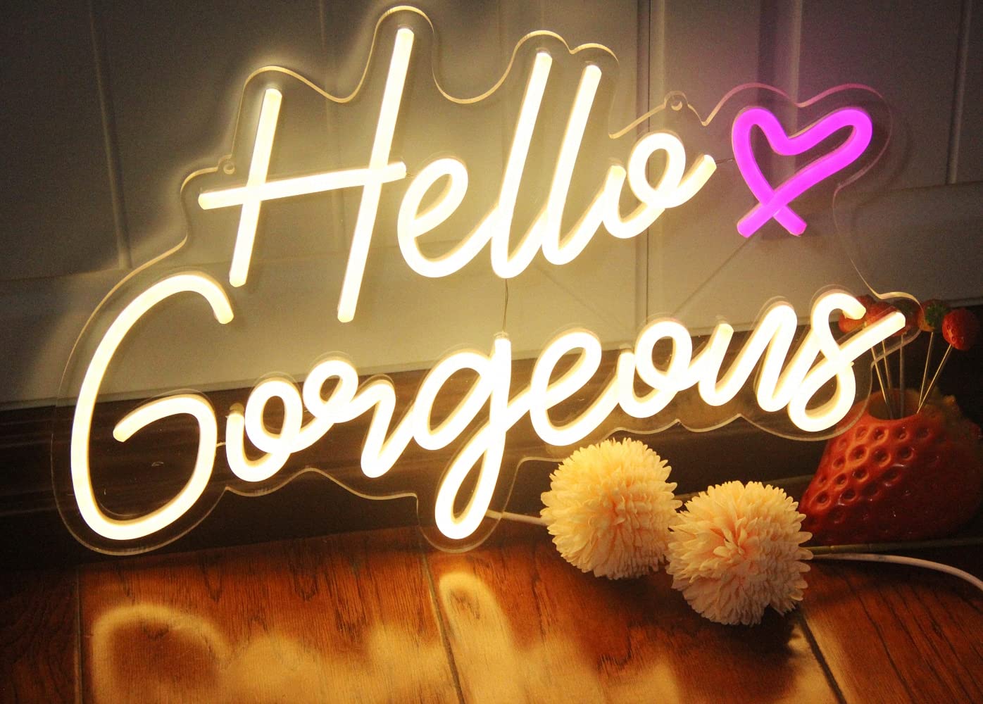 DAKABUKA Neon Sign - Hello Gorgeous Warm White LED Lights for Home, Wedding, Birthday, 16.5x10.6 inches
