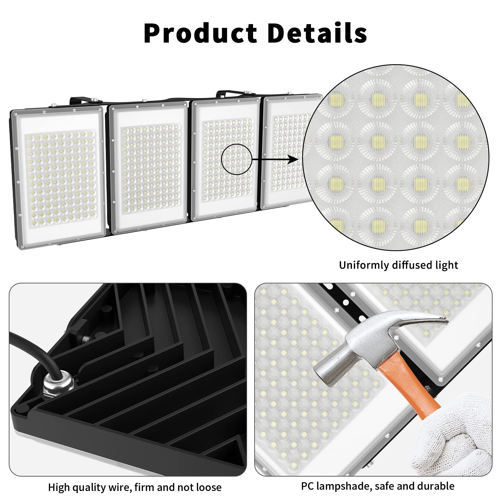 Rommor 800W Led Flood Light, 80000Lm, Ip66 Waterproof, 6000K Daylight White, Black