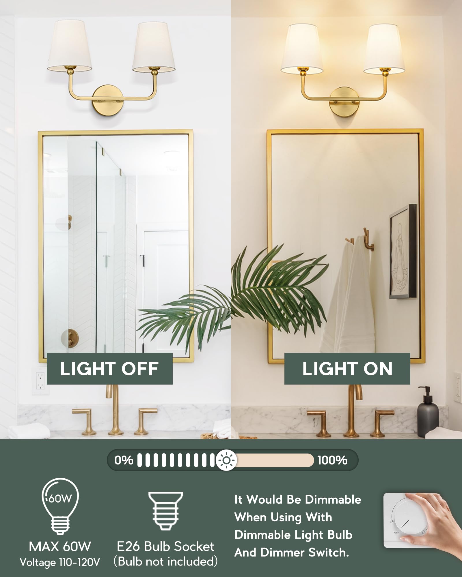 METWET 2-Light Bathroom Vanity Light, Brushed Gold Metal Sconce with White Shade, Modern Design, Model VL837-BG