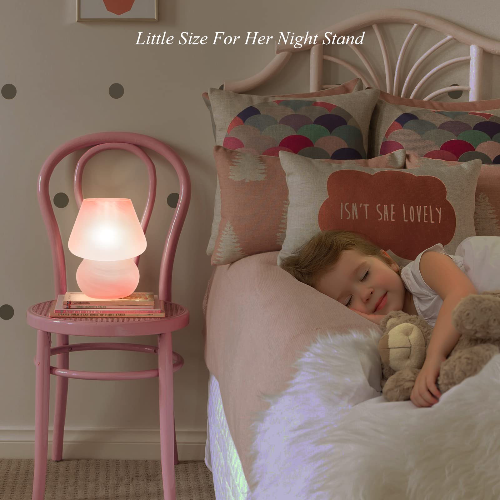 ONEWISH Mushroom Lamp - Cute Pink Table Lamp, Small Glass, Stepless Dimmable Nightlight for Bedroom, Home Decor, Model 13TAB009USB