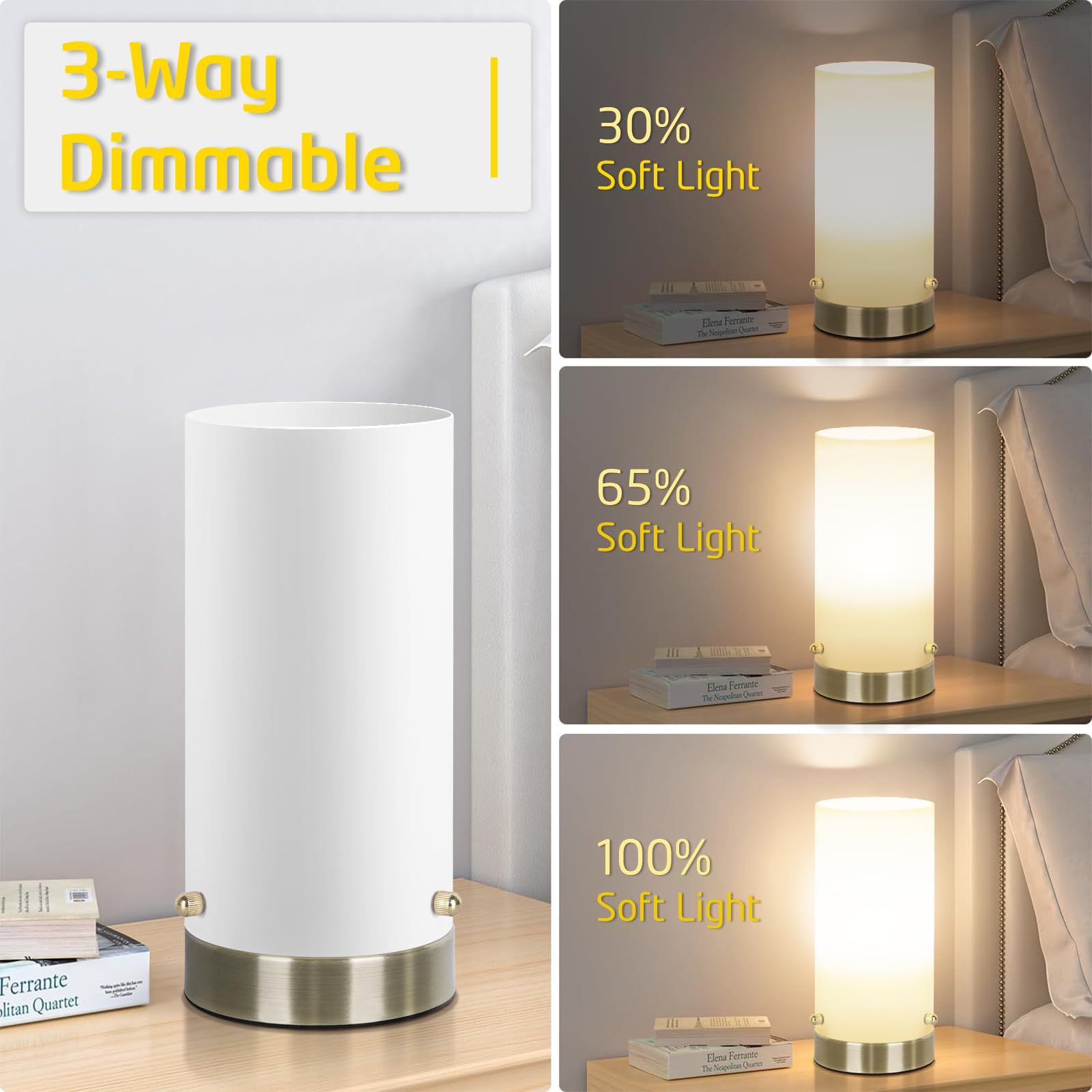 Bedside Touch Control Table Lamp For Bedroom 3 Way Dimmable Nightstand Lamp With Round Glass Shade For Living Room Kids Room Dor