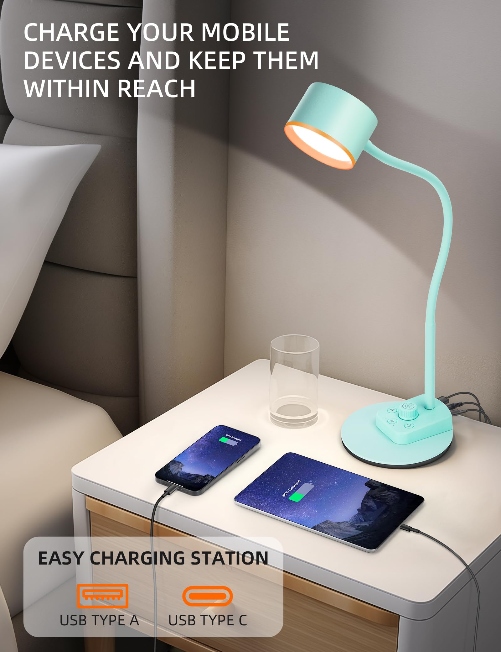 Desk Lamp, Fully Dimmable Bedside Reading Lamp With Usb C + A Charging Ports, 5 Colors, Simple To Operate, Eye Care Metal Table