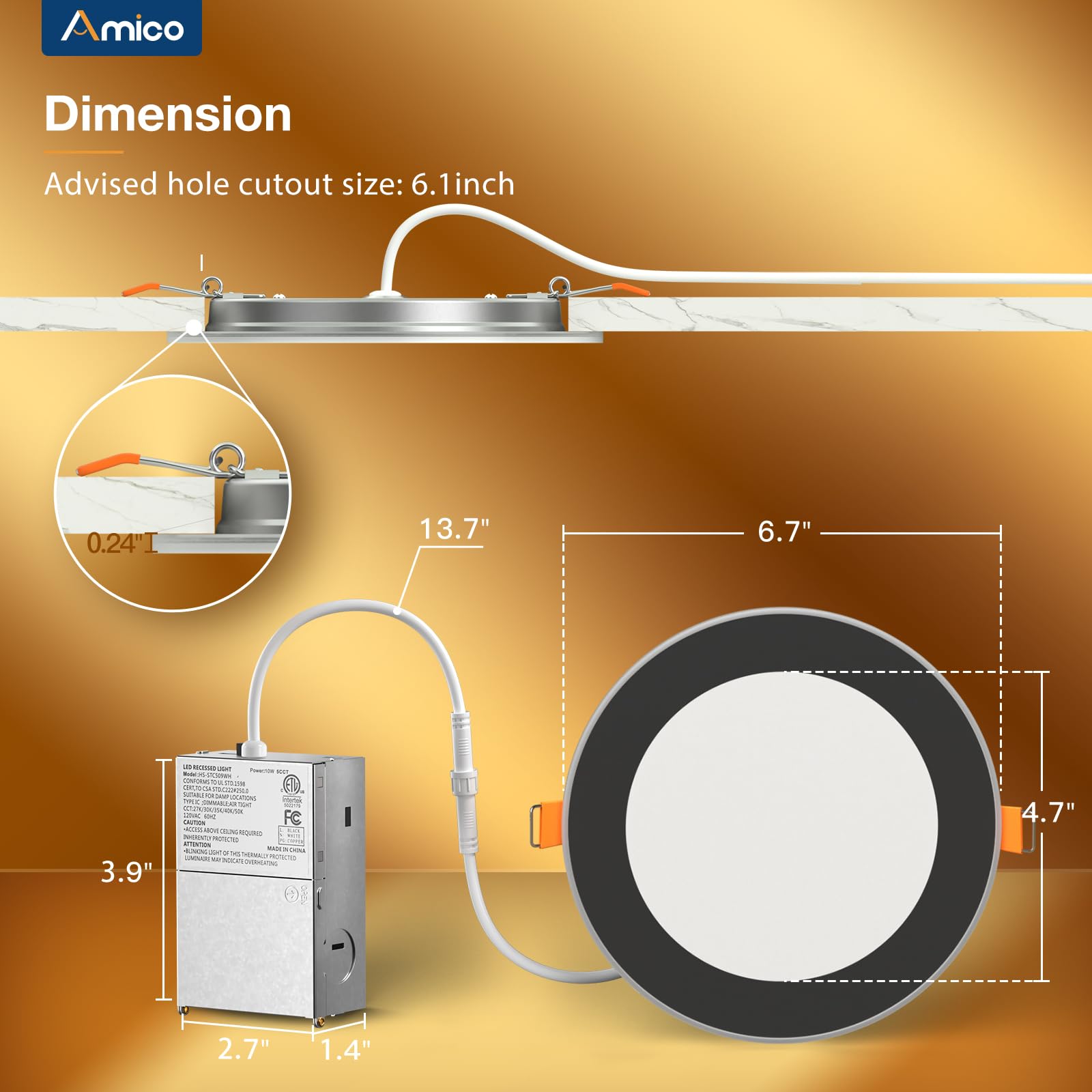 Amico 24 Pack 6 Inch Black LED Recessed Ceiling Lights, 5CCT Dimmable, 1100LM, Ultra-Thin, Model HS-SYDA512WH
