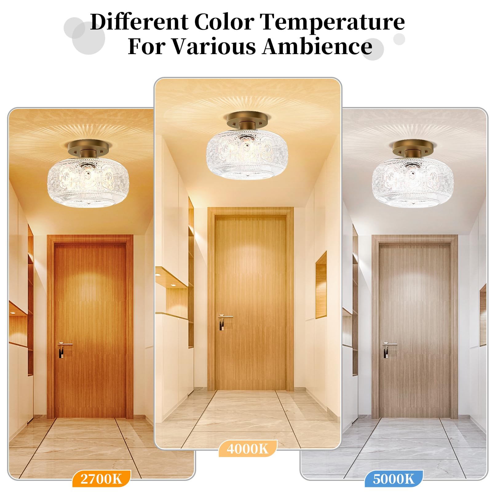 Oykyohei Gold Vintage Semi Flush Mount Ceiling Light, Globe Glass Fixture For Hallway & Bedroom