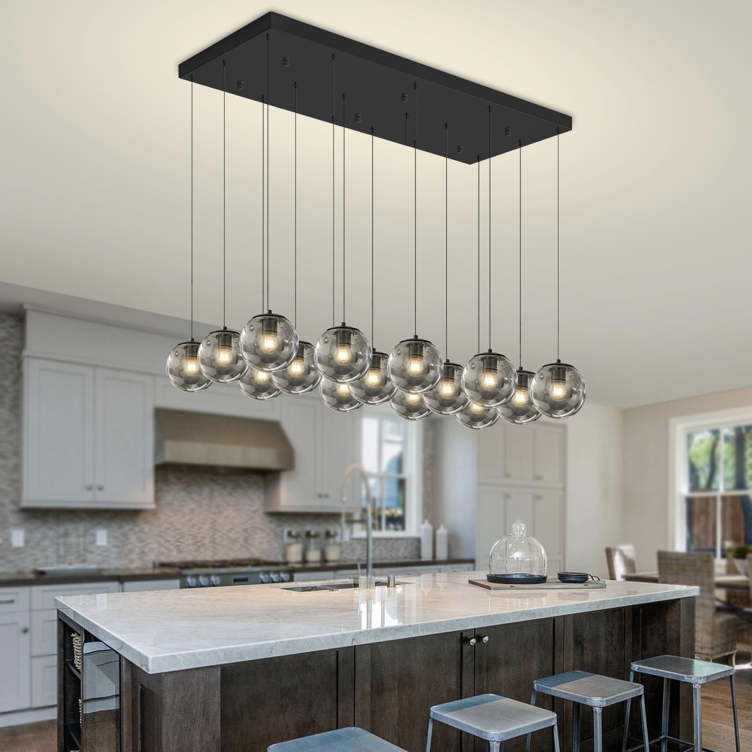ykolupty Rectangular Chandelier 16-Light Smoke Gray Metal Modern Fixture for Dining Room, Living Room, Foyer - Model TP3016-YH-16H-CT