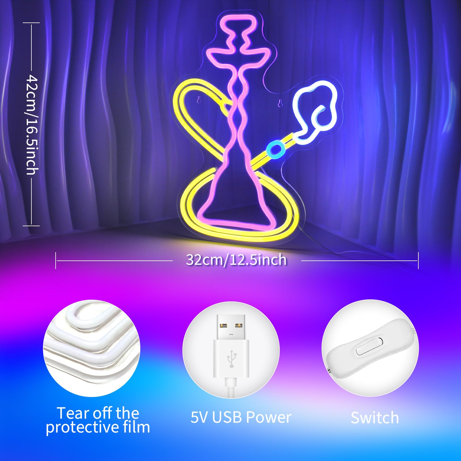 JEDAEMEN Pink Neon Wall Sign - Yellow LED Light for Room Decor, USB Powered, Hookah Style, Ideal for Birthday Party Decorations