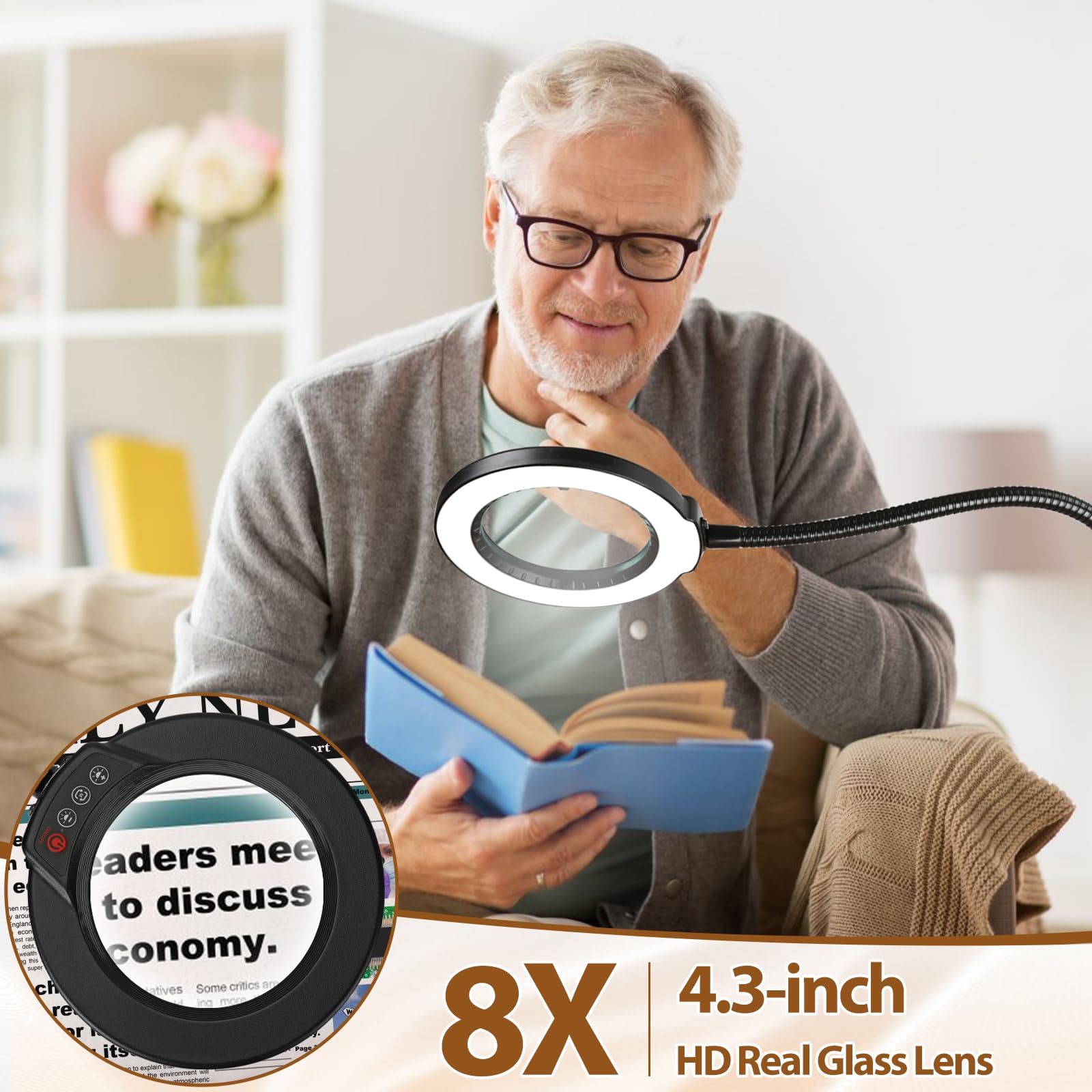 8X Magnifying Glass With Light And Stand, Krstlv 24'' Flexible Gooseneck Magnifying Floor Lamp, 3-In-1 Led 5 Color Modes Steples