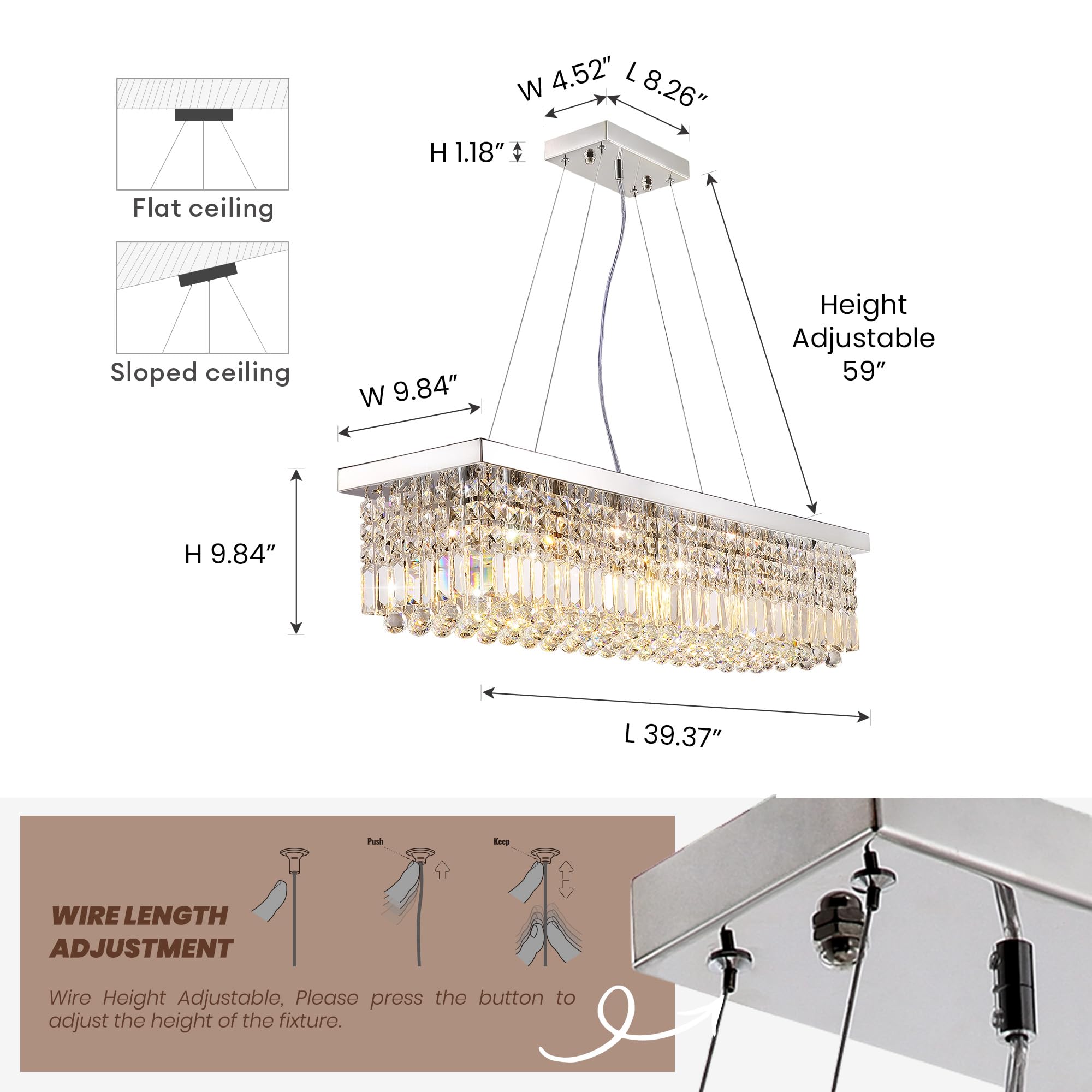 Tinkoso Crystal Chandelier For Dining Room,8-Light Modern Chandeliers,K9 Crystal Rectangle Chandelier,Farmhouse Pendant Light Fi