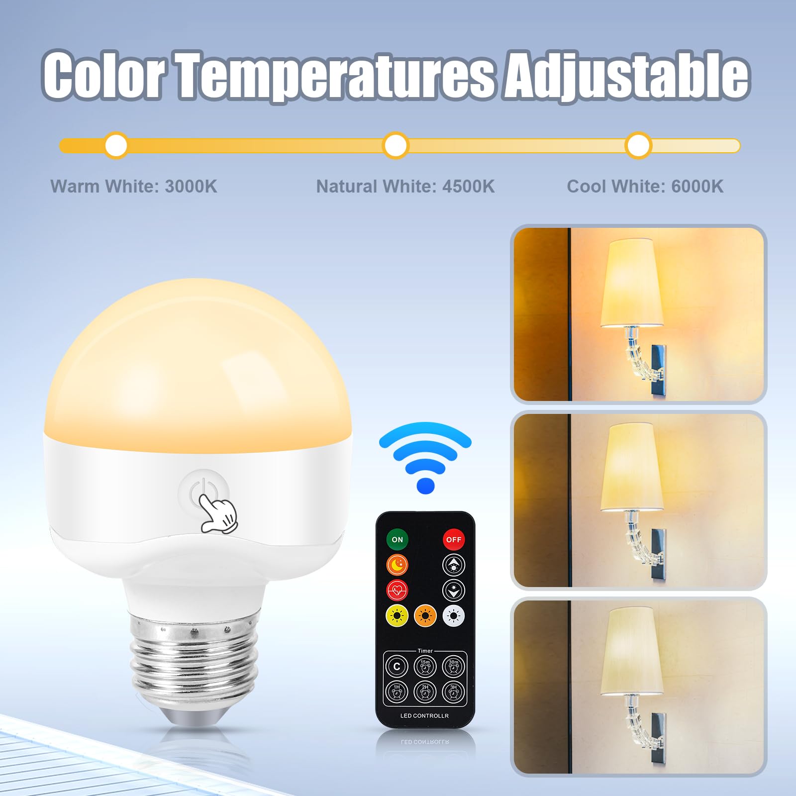 LUSKLLI Rechargeable Light Bulb,LED Portable Bulb with Remote Control, Timer, Battery and 3 Color Temperatures Backup Emergency