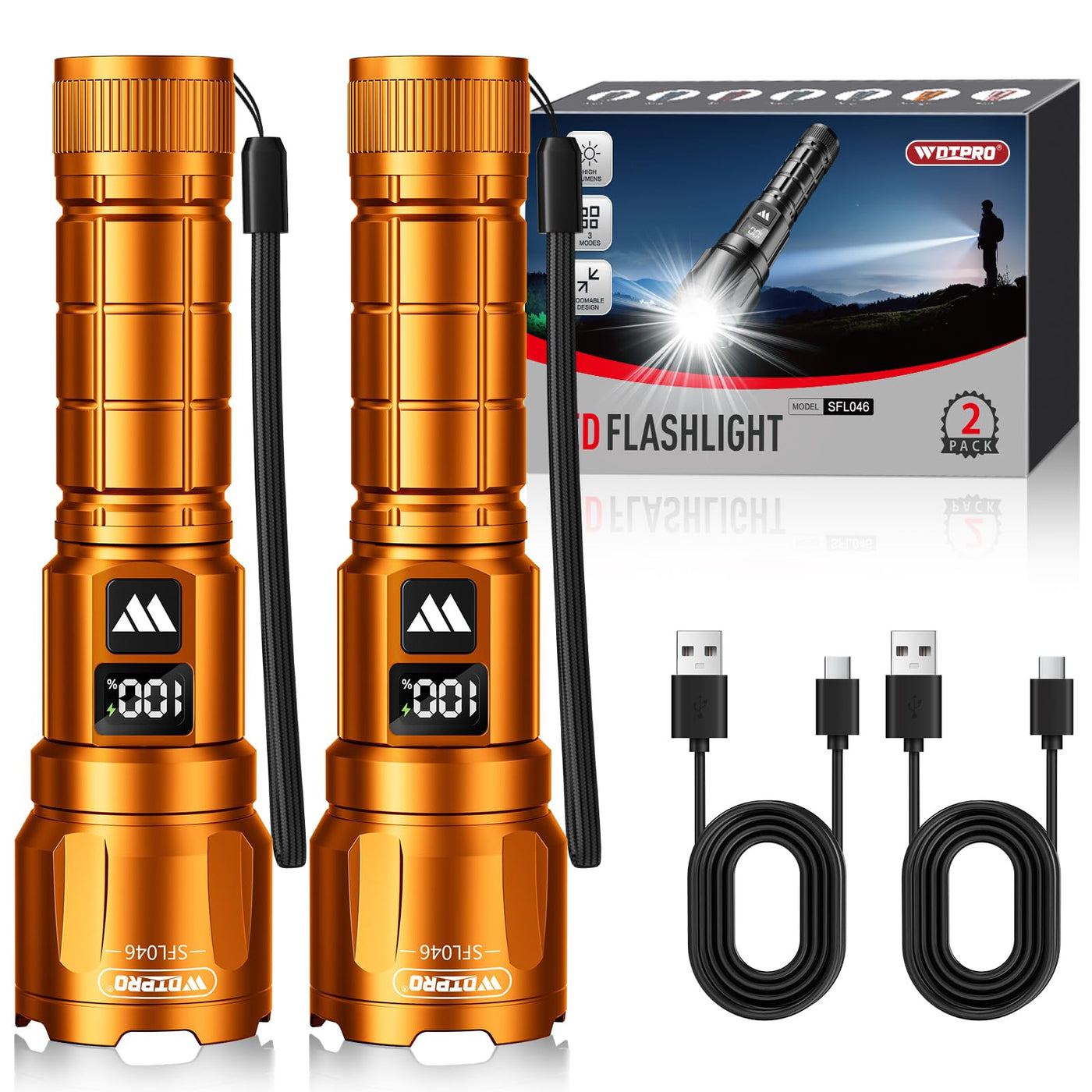 WdtPro LED Rechargeable Flashlight 6000 Lumens, 3 Mode Waterproof, 2 P – Lightsdaddy