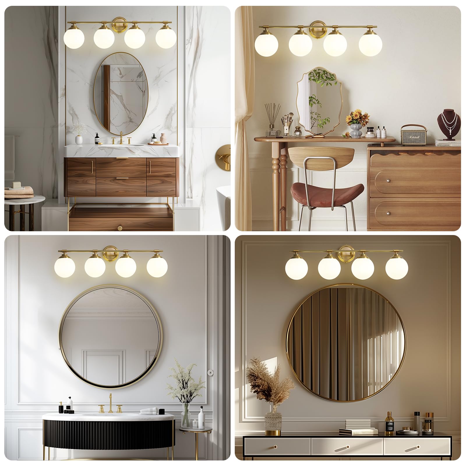 Rayogale 32 Inch Gold Bathroom Light Fixtures, 4 Light Vanity Lights, Metal, Milk White Glass Shades, Model 7201