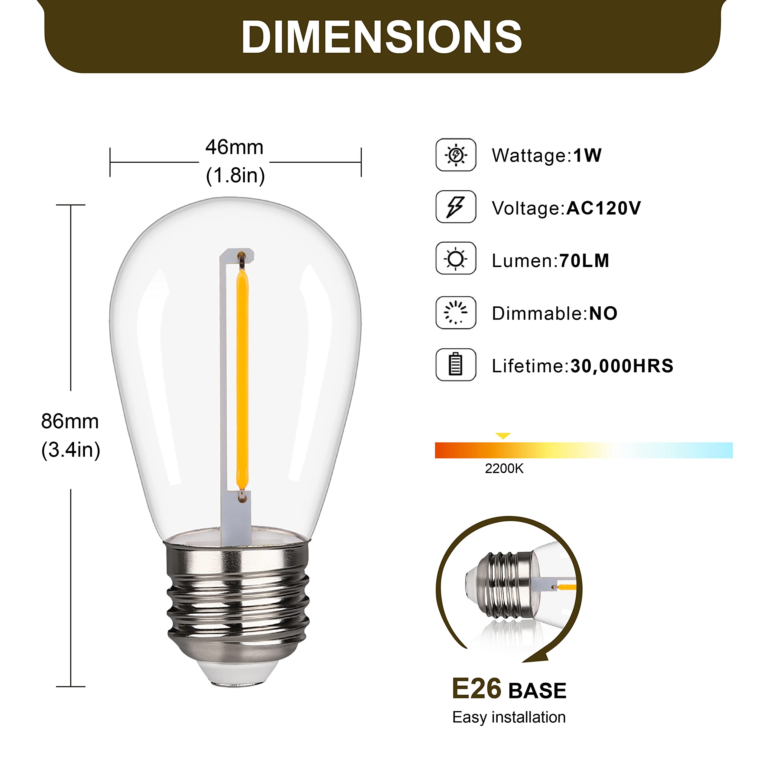 YIMILITE S14 Outdoor String Light Bulbs, 15 Pack Shatterproof Waterproof 2200K Warm White E26 Base, 1W Equivalent to 10W