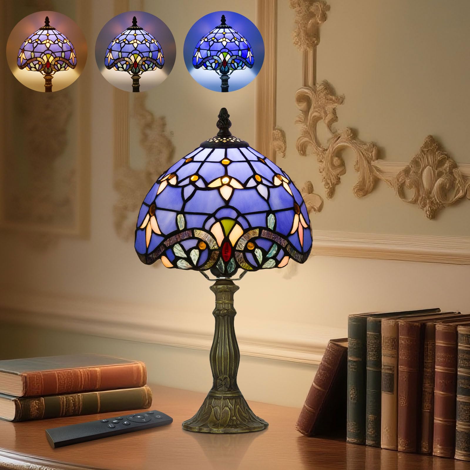 Tiffany Style Table Lamp for Bedroom - Remote Control 8 Inch Stained Glass Lamp with Timer, Stepless Dimmable and Glass Shade Be