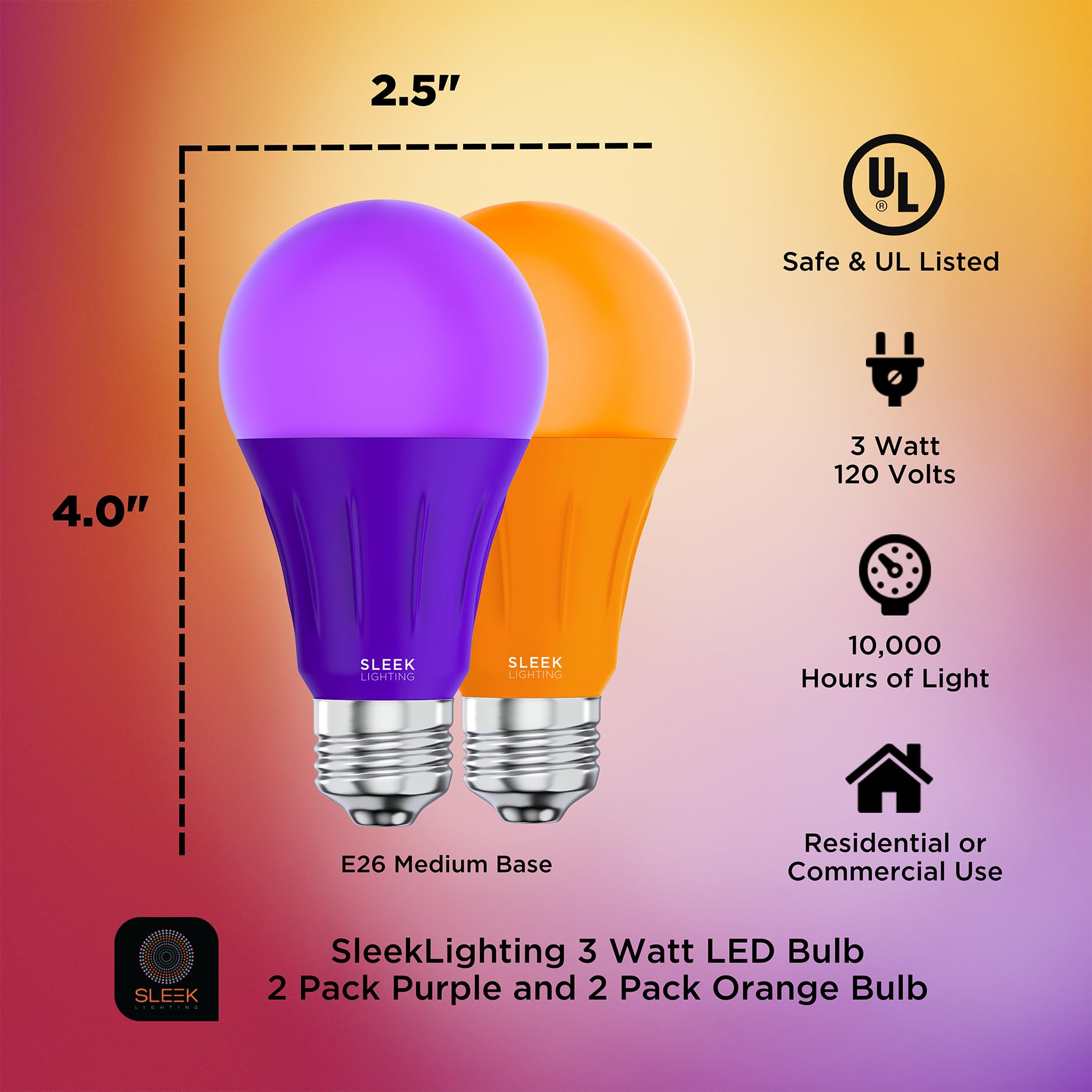 Sleeklighting Led A19 Light Bulb, 120 Volt - 3-Watt Energy Saving - Medium Base - Ul-Listed Led Bulb - Lasts More Than 20,000 Ho
