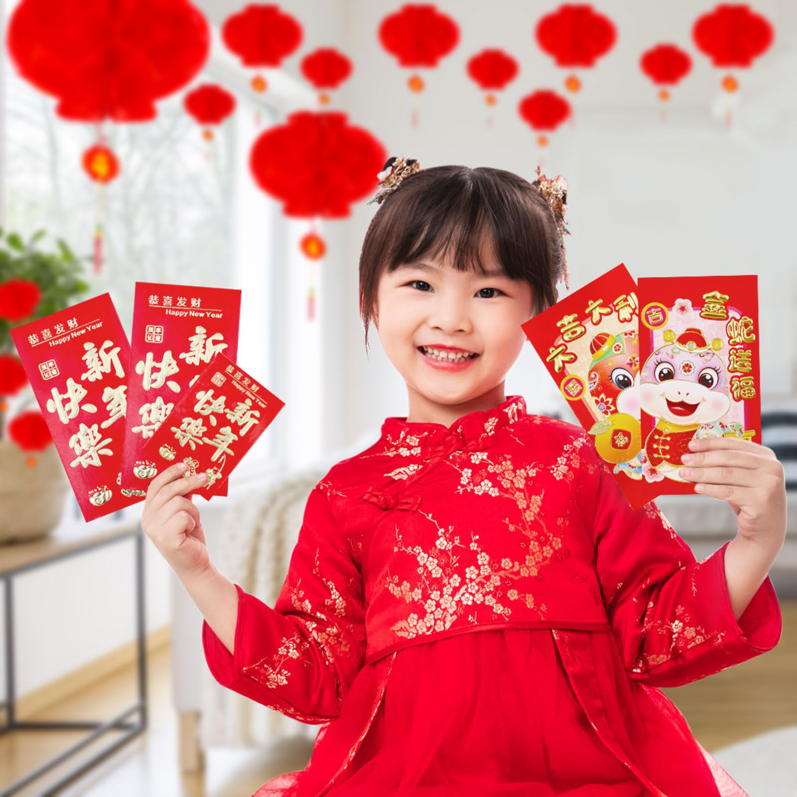 66Pcs Chinese New Year Decoration 2025 Lunar New Year Decor Red Paper Lanterns Envelopes Hong Bao Felt Hanging Ornaments Fu Char