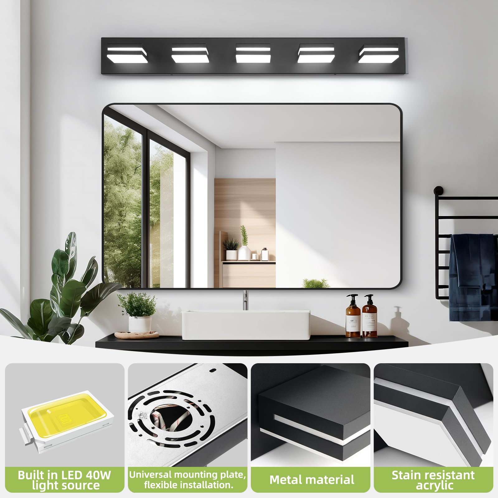 OKELI 5-Light LED Bathroom Vanity Light, Dimmable, 36.2" Matte Black, Adjustable Lamp Head, Model OK-9553-5T-BK