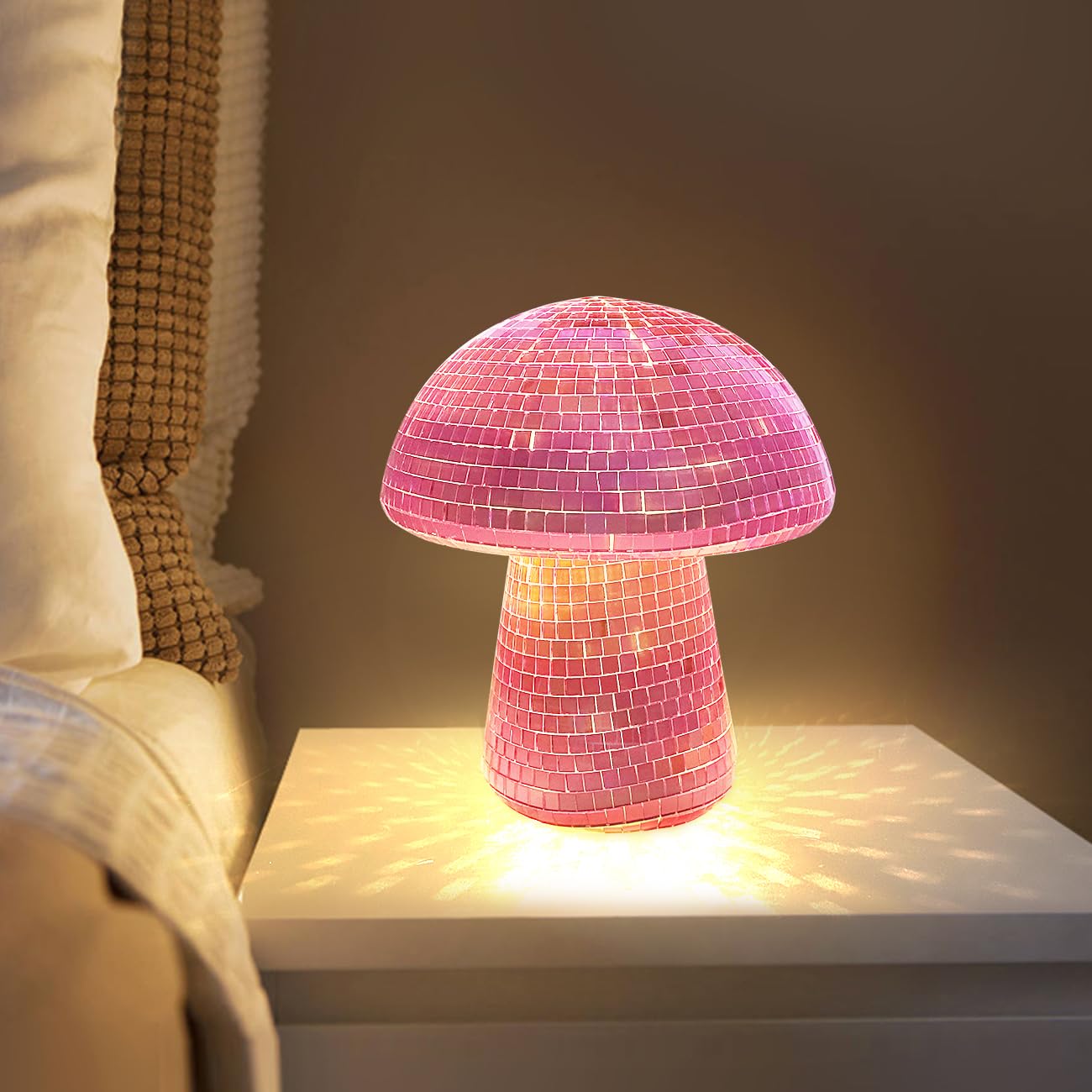 IJG Mushroom Disco Ball with Lights, 6 Inch Pink Plastic Home Art Decoration, Retro Design