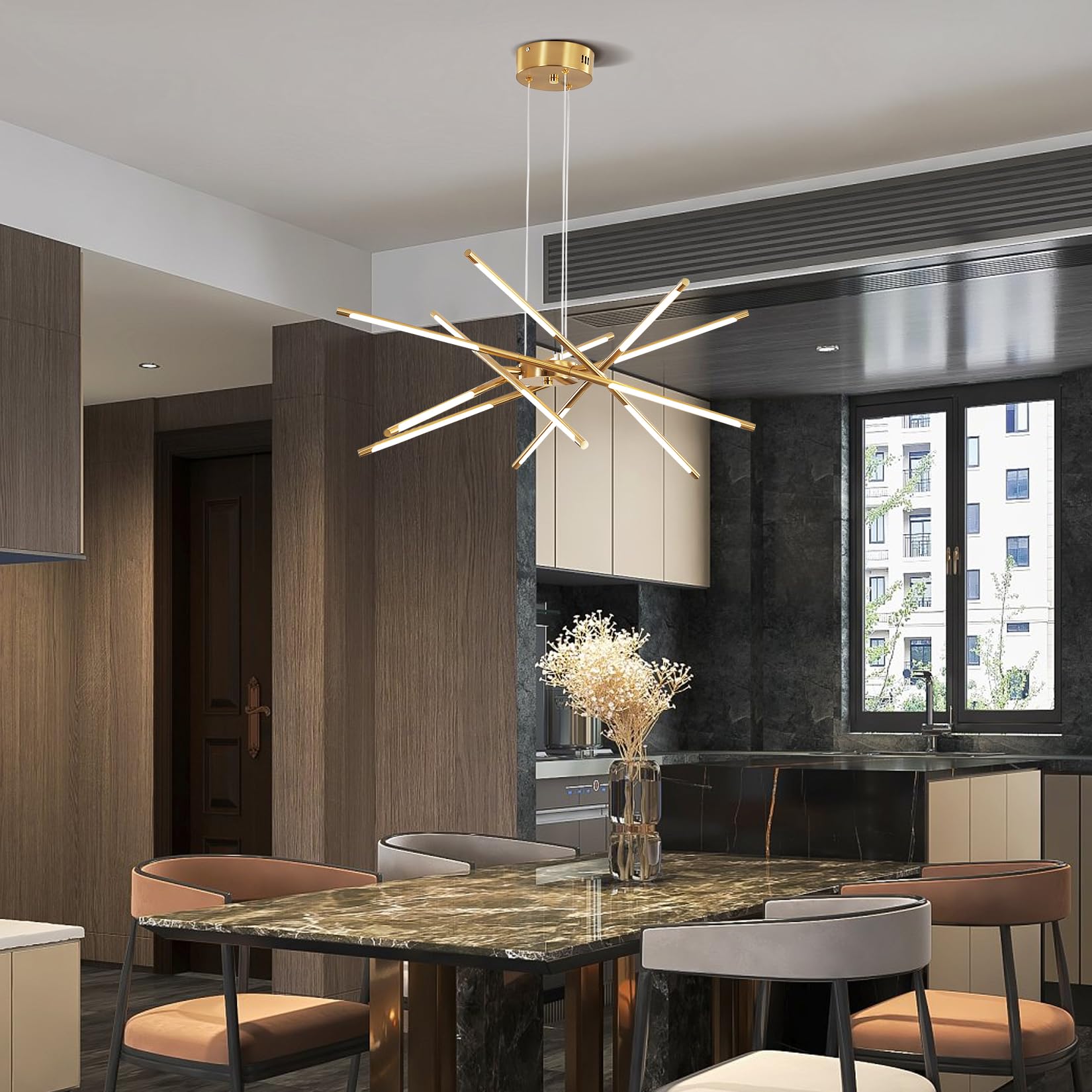 Modern Gold Chandelier,12 Lights Linear Pendant Light Fixtures Led Chandeliers For Dining Room Farmhouse Hanging Light For Bedro