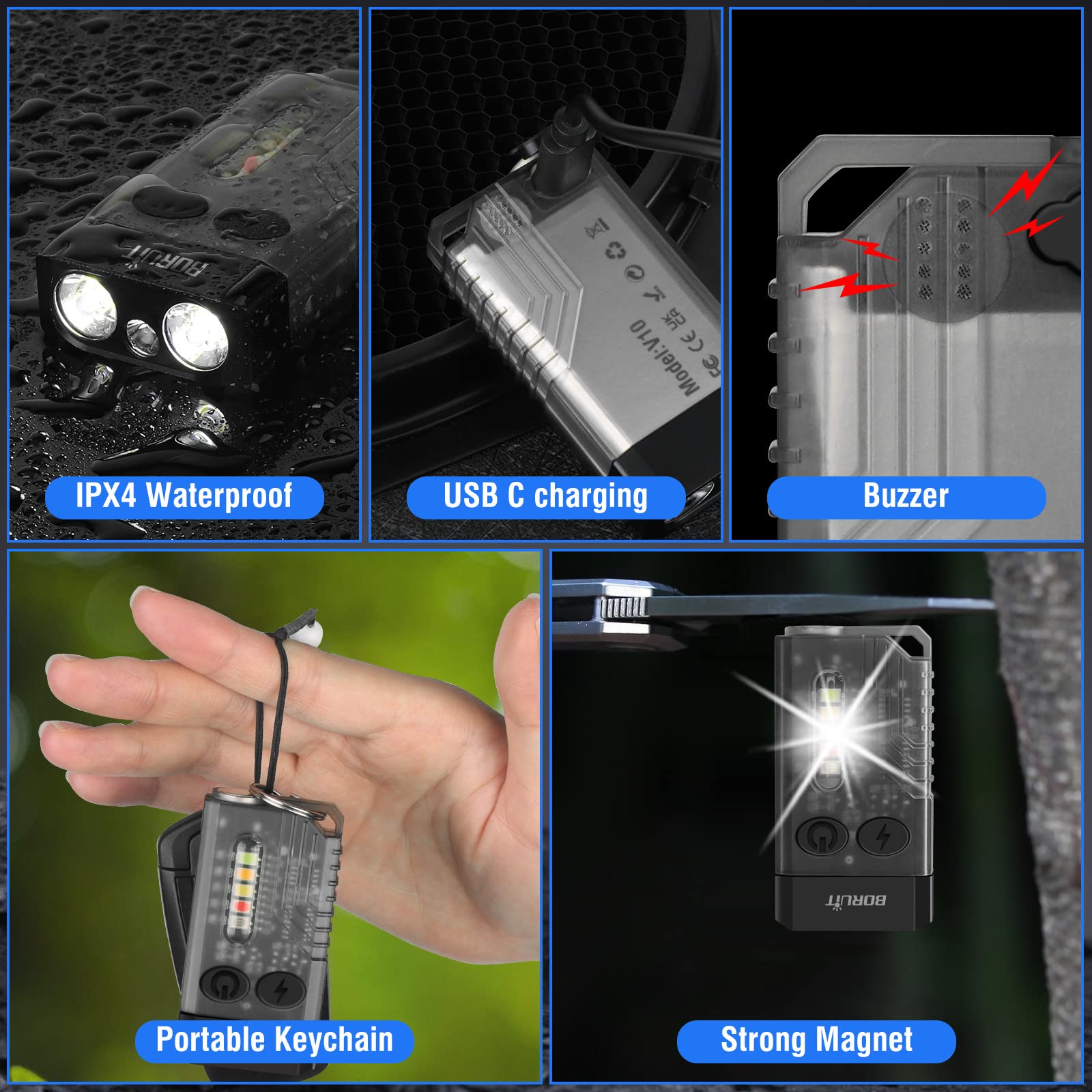 BORUIT V10 Powerful Flashlight - 1000LM, 365nm UV Light, USB C Rechargeable, Aluminum, Black, Keychain with COB Side Light