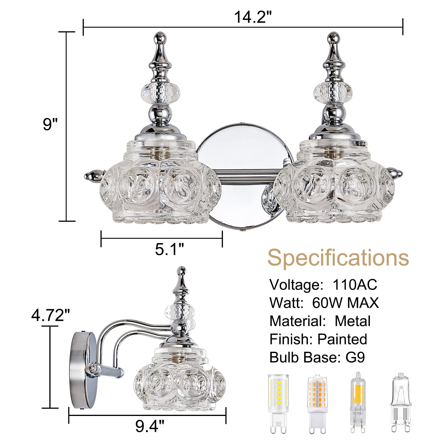 DJFHKO Chrome Vanity Light - 2 Light Bathroom Fixtures, Glass, Modern Design