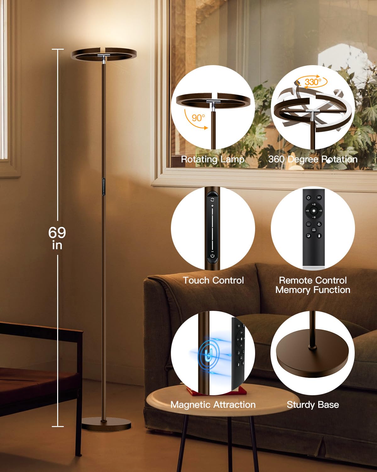 Sibrille Brown Floor Lamp, Modern Stepless Dimmable Standing Lamp With Remote Control, 22W 3000-6000K Led Rotatable Floor Light