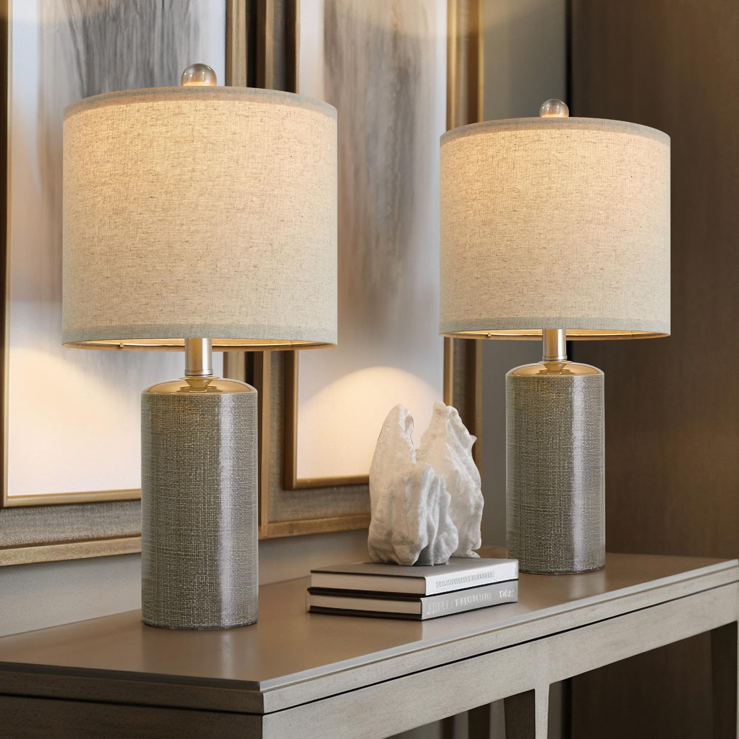 G-SAFAVA Ceramic Table Lamp Set of 2, 20.25in Modern Nightstand Lamps, Dark Grey, Model AMZ-T1109DG0