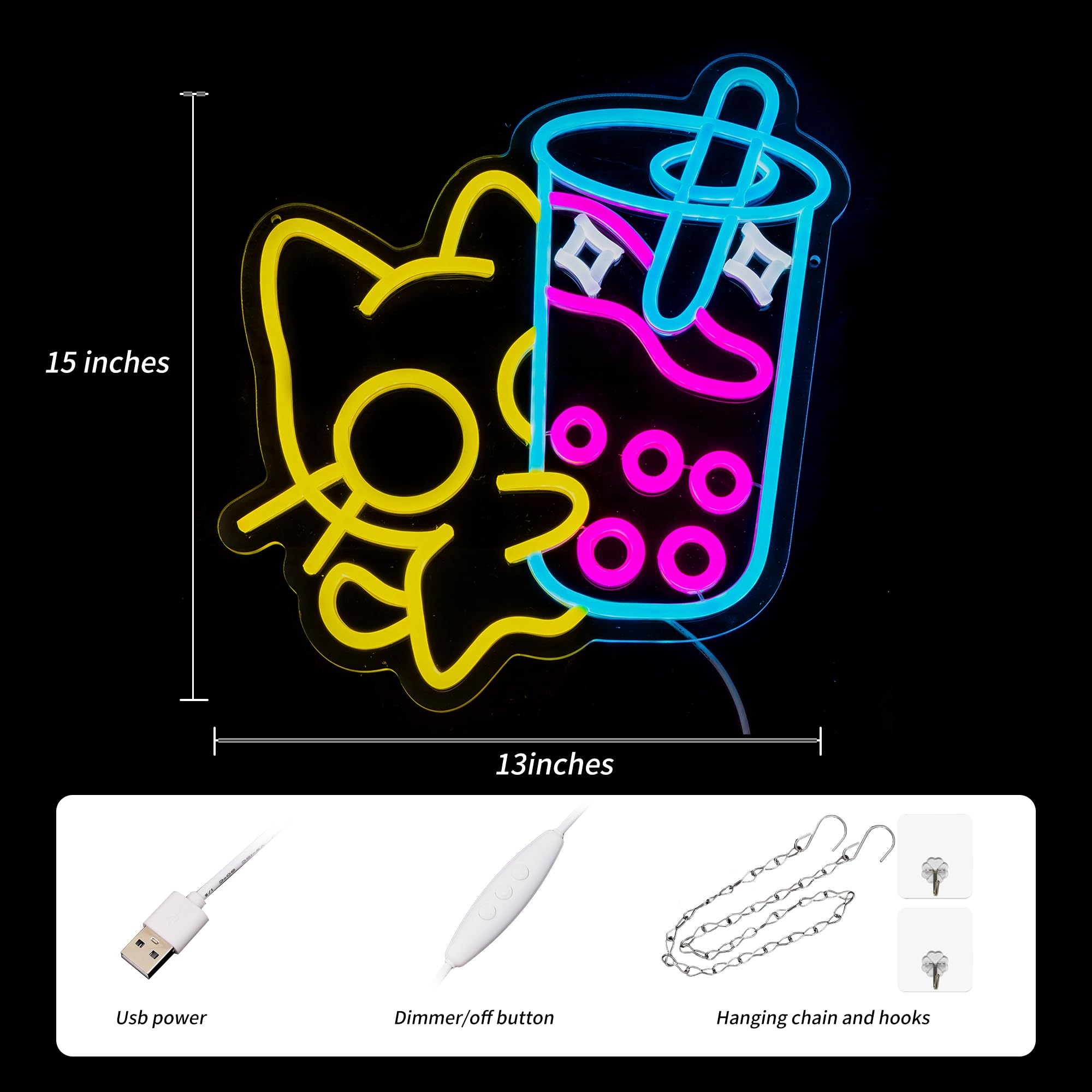 SUYUZUR LED Neon Sign - Cat Bubble Tea Light for Wall Decor - Colorful Acrylic - Yellow Pink - Model SLY-01