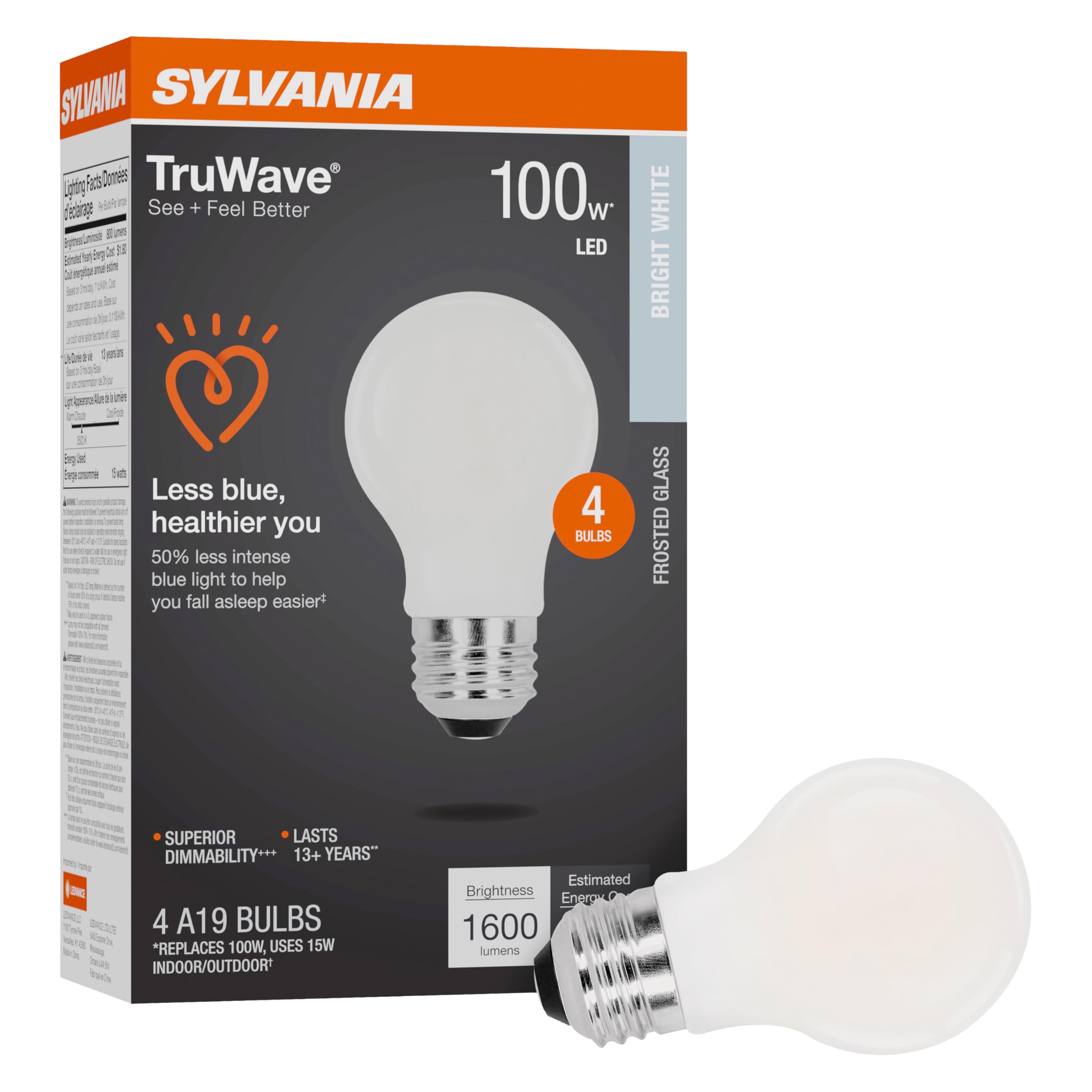 LEDVANCE Sylvania TruWave A19 Light Bulb 100W Equivalent 15W 1600 Lumens Dimmable Frosted 3500K Bright White 4 Pack Model 422