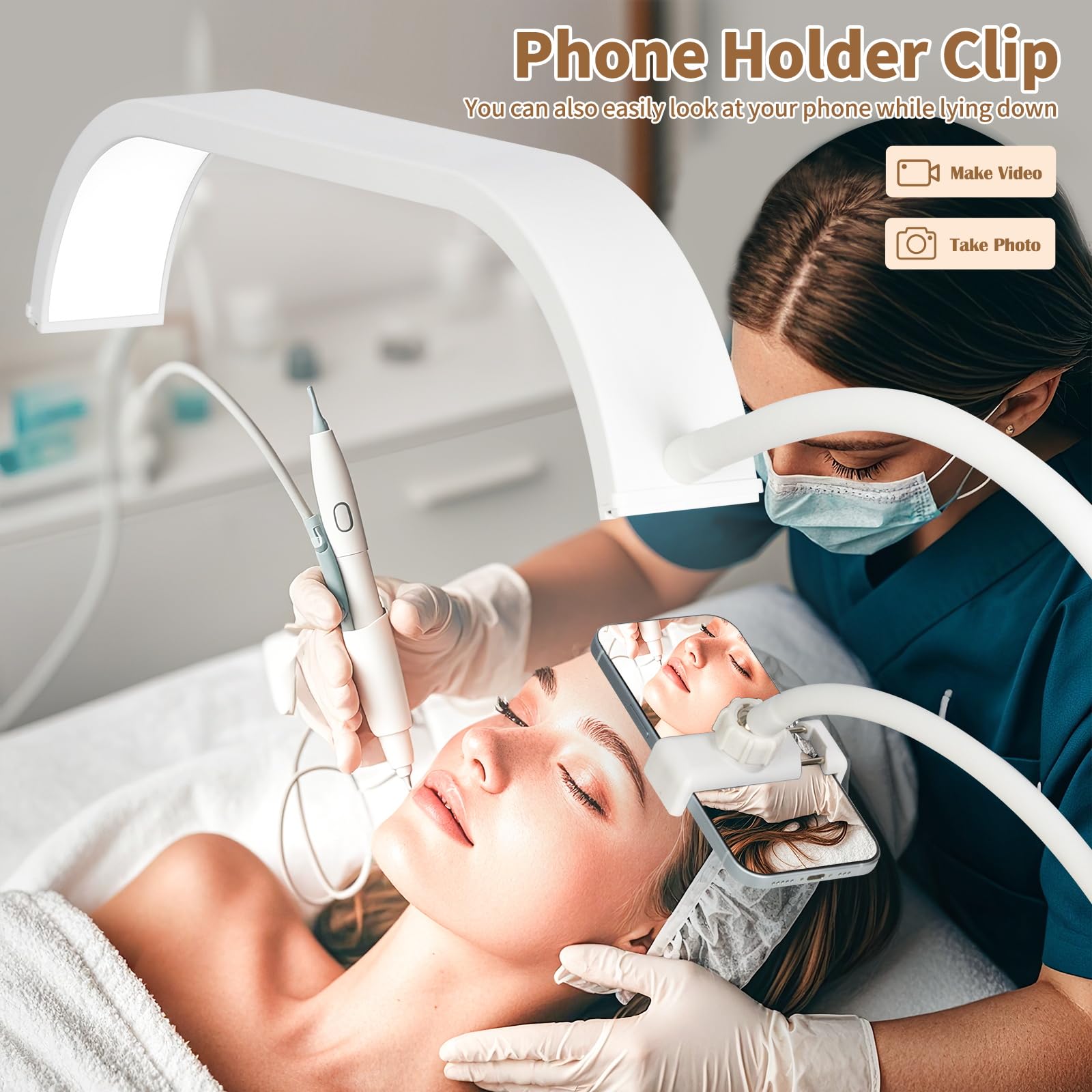 HITTI Large LED Gooseneck Light with Phone Holder, 7 Color Modes, Model HLK-MRD, Gooseneck White