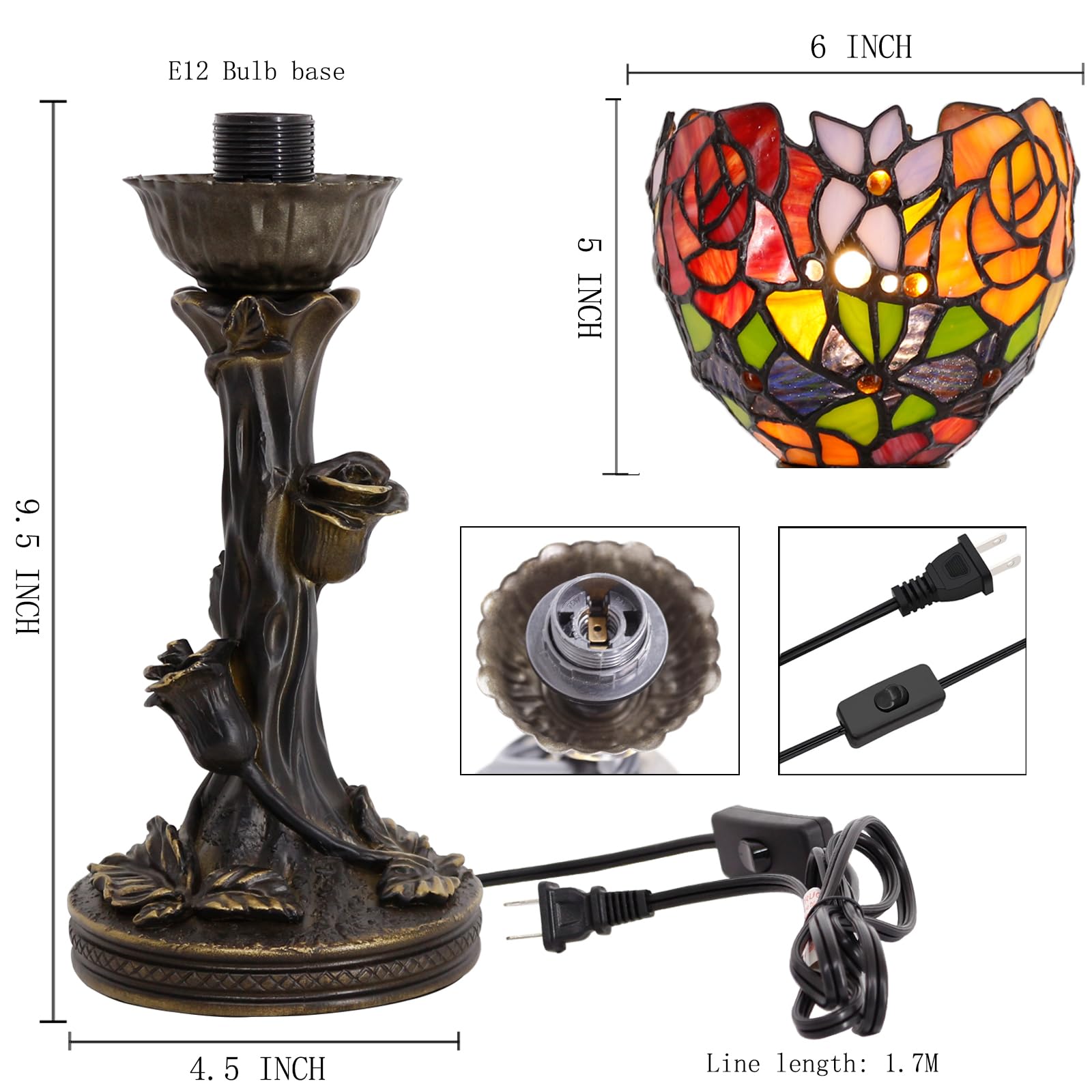 Avivadirect Small Tiffany Lamp Mini Stained Glass Table Lamp Red Rose Accent Desk Uplight W6H 13.5 Inch Bronze Resin Base