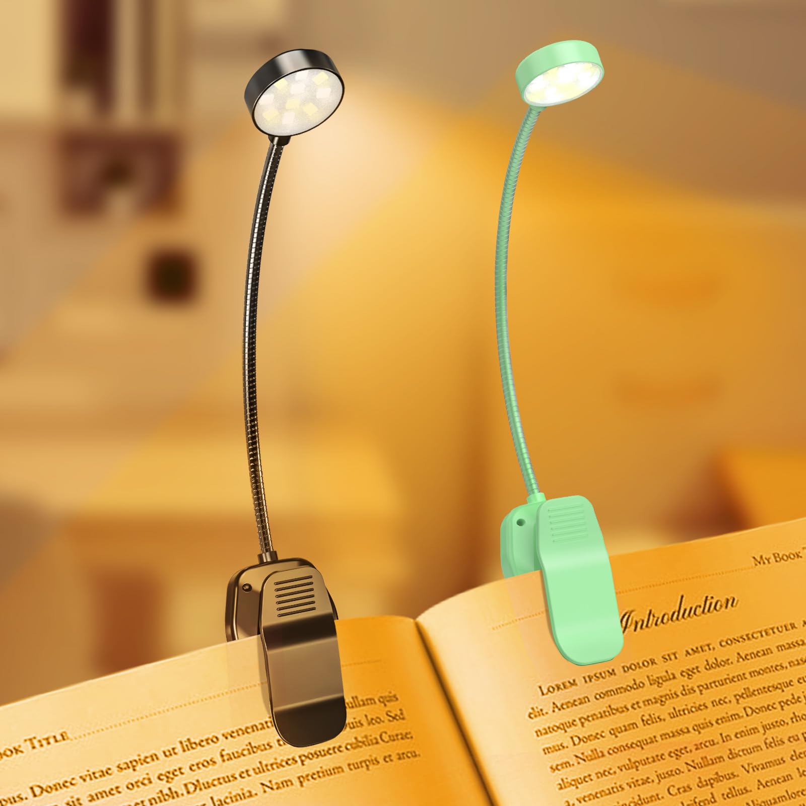 KTEBO Rechargeable Book Reading Light - Adjustable Brightness, 3 Color Temperatures, 30+ Hours Runtime, Black & Green, Model BHLBL-6
