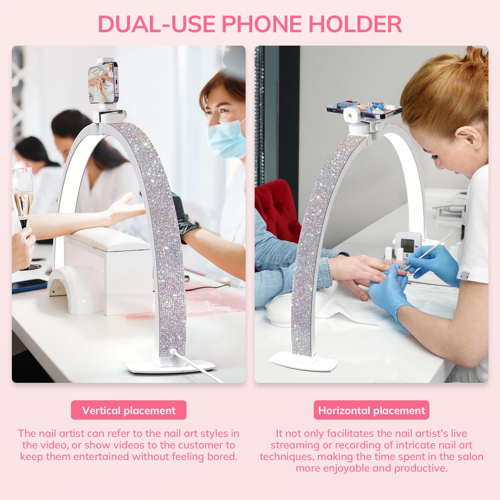 Lavinda Pro Nail Desk Lamp For Nail Techs - 3000-6000K Adjustable Half Moon Light With Phone Holder, 29In Foldable Nail Table Li