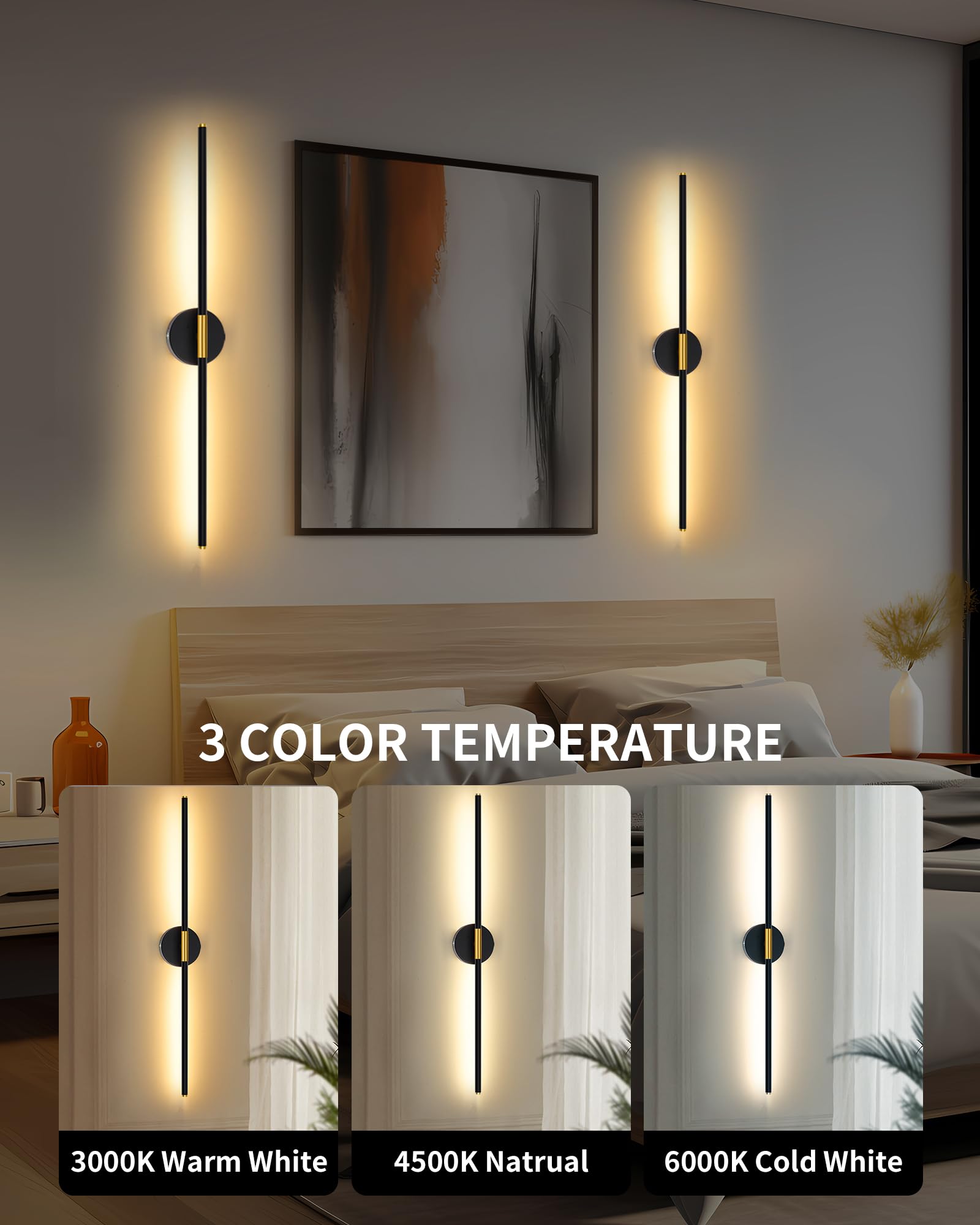 10000mAh Battery Operated Wall Sconce - 24 Inch, Wireless, Rechargeable, Dimmable, 3000K-6000K, Remote, Touch Control, Timer, 35
