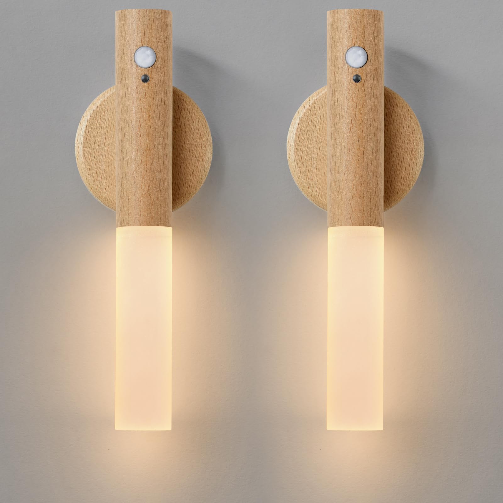 Montford Wall Sconces Set of Two, Battery Operated, Motion Sensor, Rechargeable, White Ash Wood, Model OLDNL001