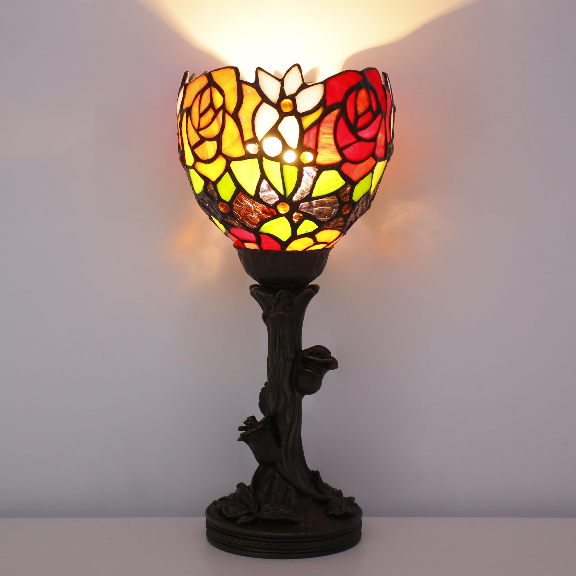 Avivadirect Small Tiffany Lamp Mini Stained Glass Table Lamp Red Rose Accent Desk Uplight W6H 13.5 Inch Bronze Resin Base