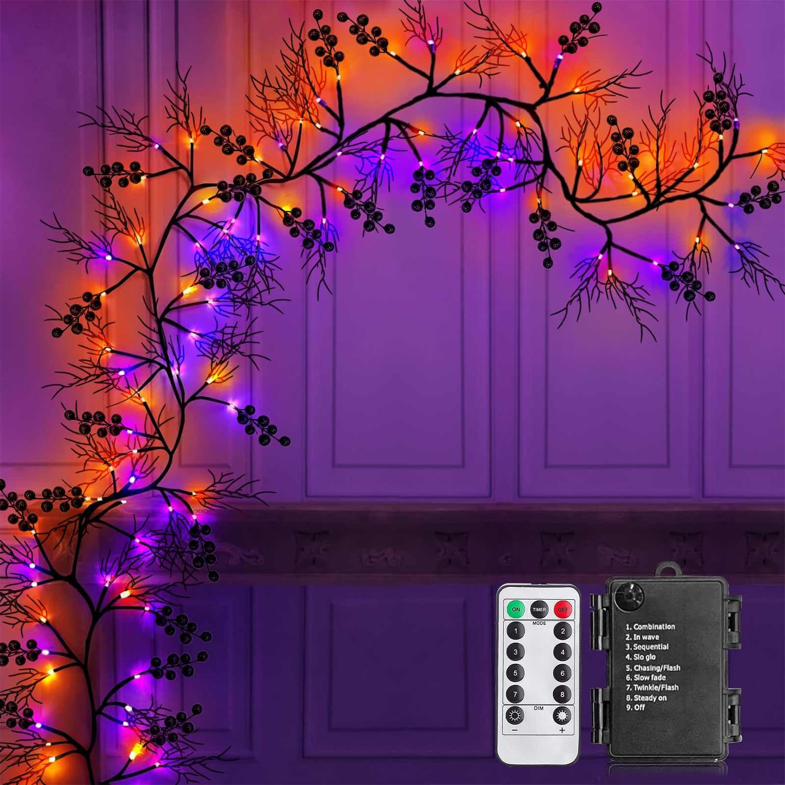 TURNMEON Extra Long 9 Ft 72 LED Orange & Purple Lights Halloween Garland Willow Vine Twig Decor Timer 8 Mode Remote Control Waterproof Battery Operated Halloween Decorations Indoor Home Wall Fireplace